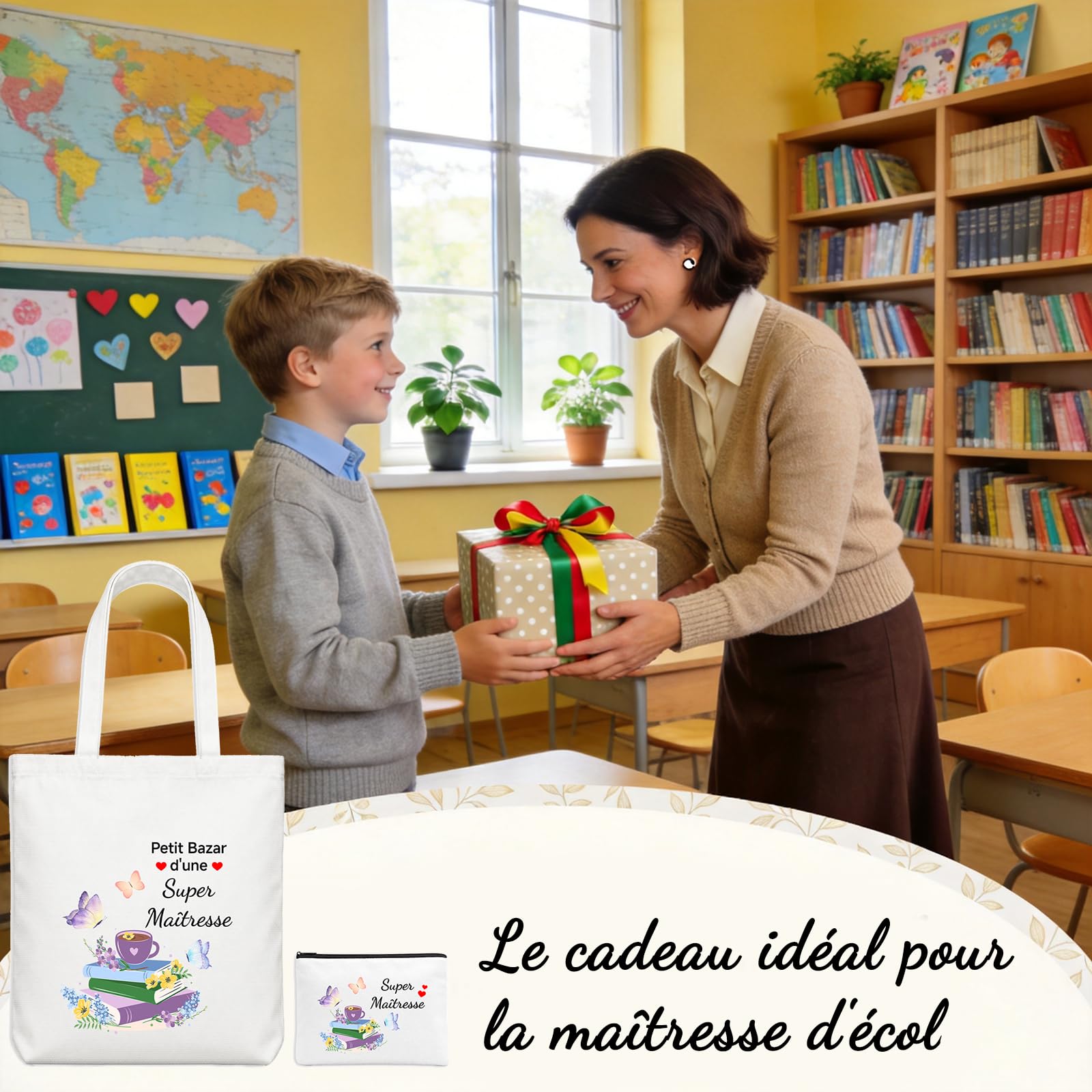 Cadeau Maitresse D'École, Cadeau Professeur Cabas Petit Bazar d'une Super Maîtresse Tote Bag Cadeaux Merci Maîtresse Rousse de Maquillage Cadeaux Maitresse D'école Fin D'année Sac