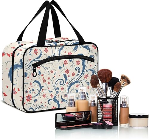Miniatura 6 de Vintage Blue Leaves Red Flowers Pattern hanging travel toiletry bags for women with hook, designer necessities medicine bag for women traveling