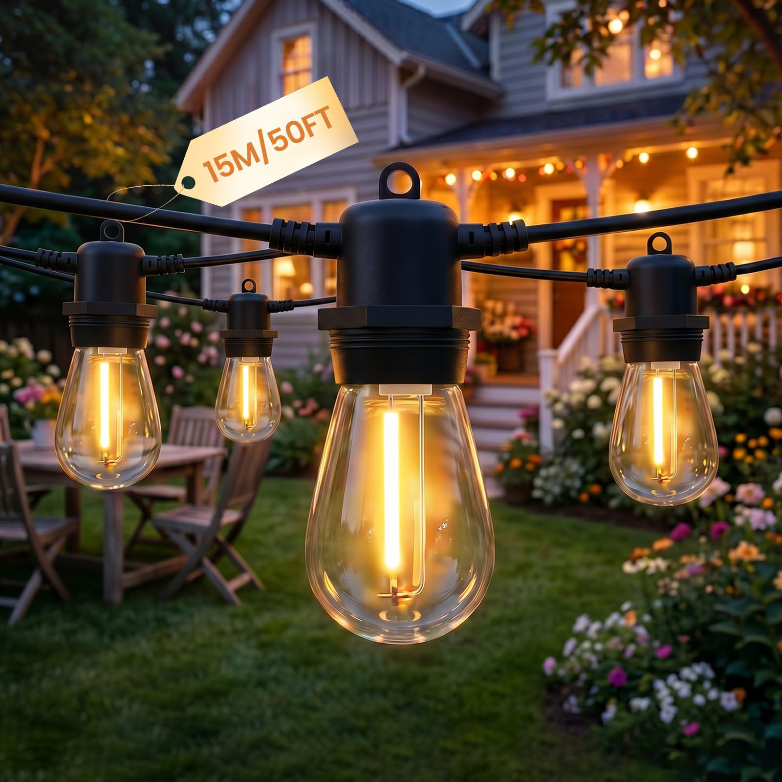 Bomcosy 15M Guirlande Lumineuse Extérieure S14, Incassable & Raccordable IP65, Blanc Chaud 2700K, pour Terrasse Jardin Guinguette