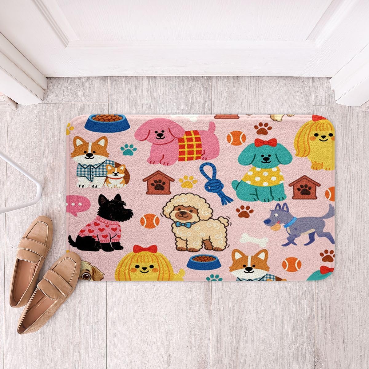 Castle Fairy Cartoon Puppy Kids Bath Mat,Cute Dog Mats Rugs,Girls Boys Room Decor,Playful Pet Lover Bathroom Carpets,Brown Pink Bath Rug,Absorbent Floor Mats,16Wx24L Inches