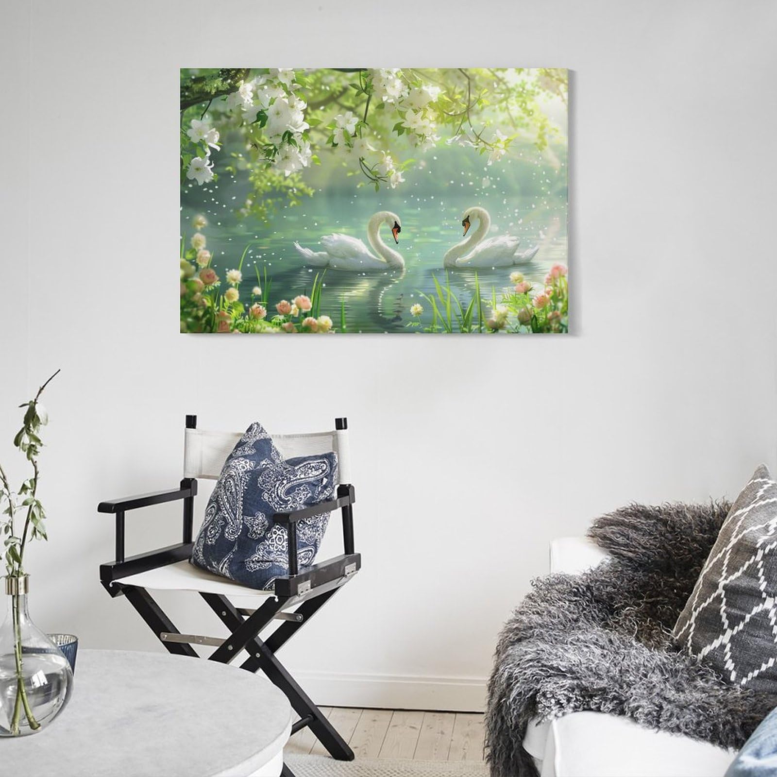 Amazon.co.jp: 絵画 春の湖畔で遊ぶ二羽の白鳥 アートパネル ポスター