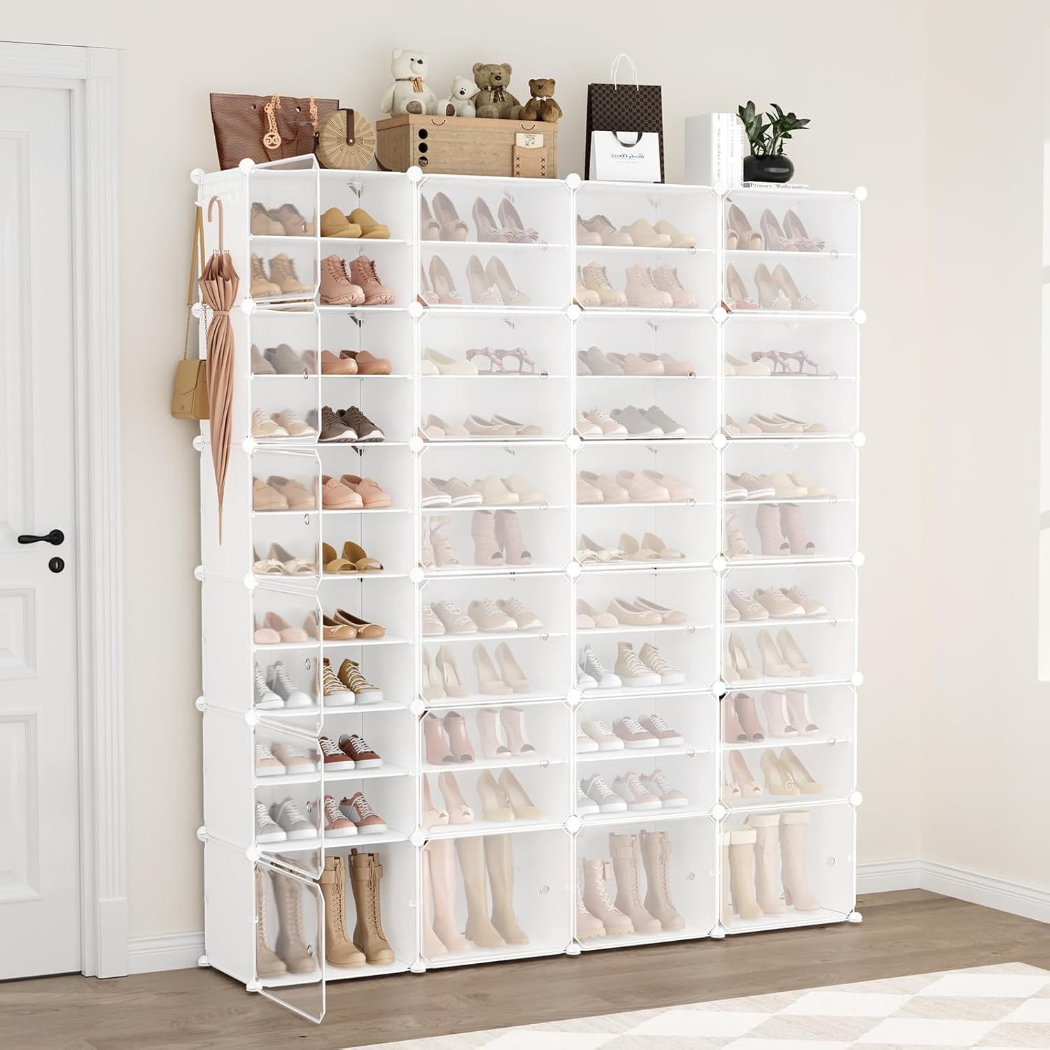 Portable Shoe Rack Organizer with Door, 96 Pairs Shoe Storage Cabinet Easy Assembly, Plastic Adjustable Shoe Storage Organizer Stackable Detachable Free Standing DIY Expandable 12 Tier White
