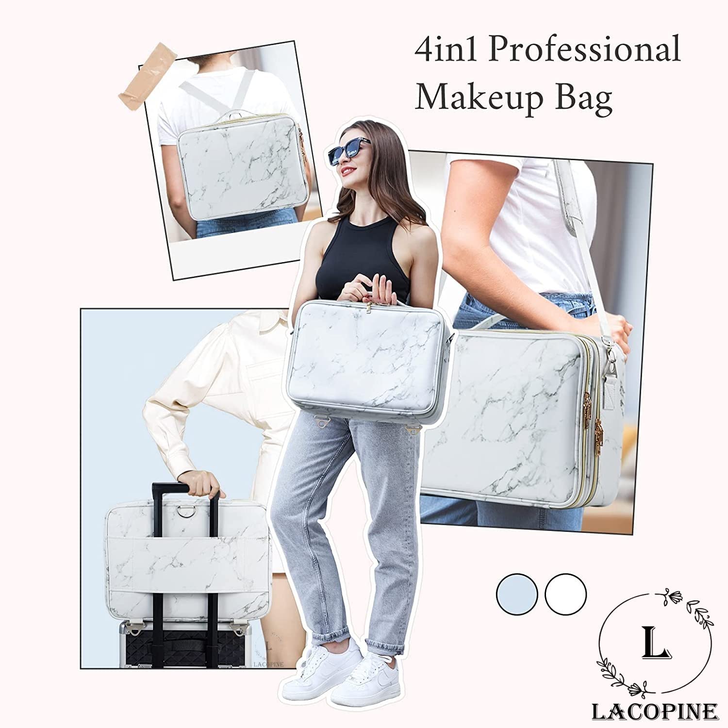 LACOPINE 28cms Large Nylon Makeup Organizer Bag Travel Train Case Portable Cosmetic Bag with Adjustable Dividers for Makeup Brushes (18 Inch (2 Layer)_Travel Makeup Case_White) - Image 7 thumbnail