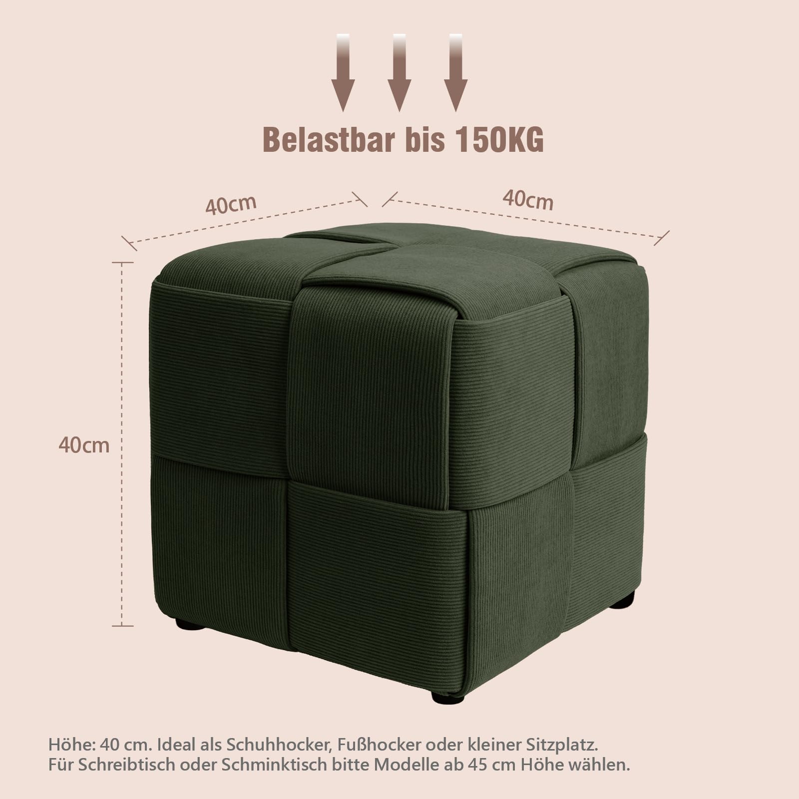 Zedelmaier Sitzhocker aus Cord, Sitzwürfel 40 x 40 x 40 cm, Dunkelgrün | Handgefertigtes Kreuzgeflecht, weicher Cordbezug, quadratischer Polsterhocker, als Fußhocker & Sofahocker, bis 150 kg