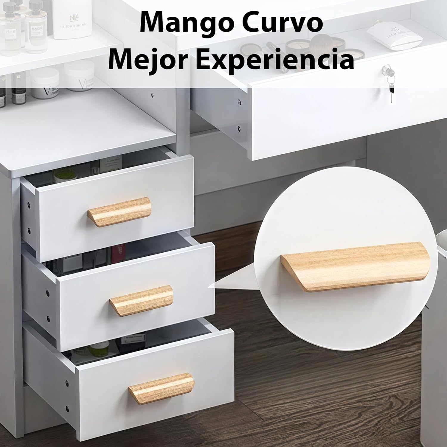 Ergonomic curved wooden handles on drawers.