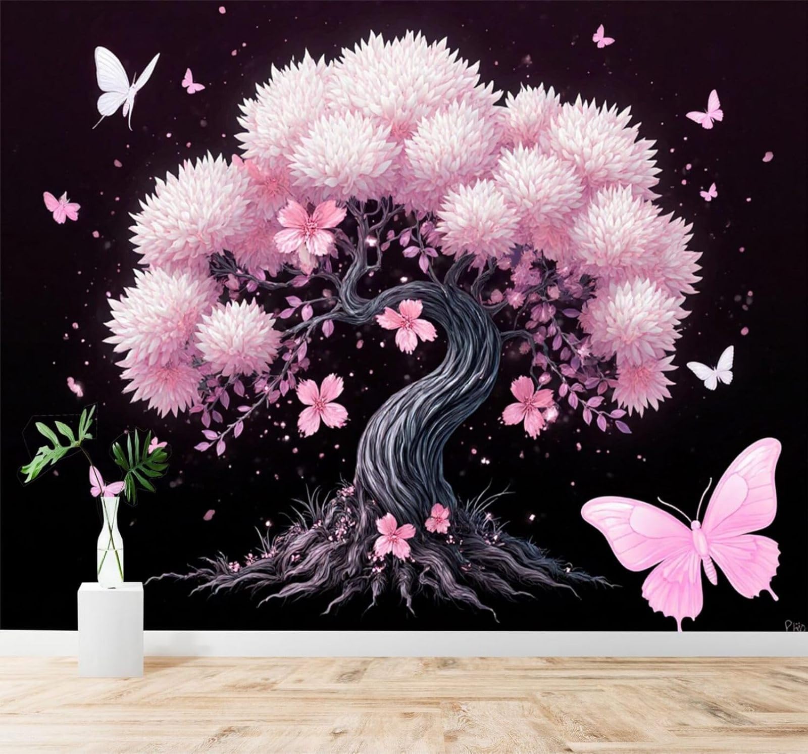 XLMING Dreamlike Three Dimensional Pink Flowers Trees Butterflies 3D Wallpaper Premium Textured Silk Study Dining Living Room Bedroom Sofa TV Wall Easy Install-430cm×300cm