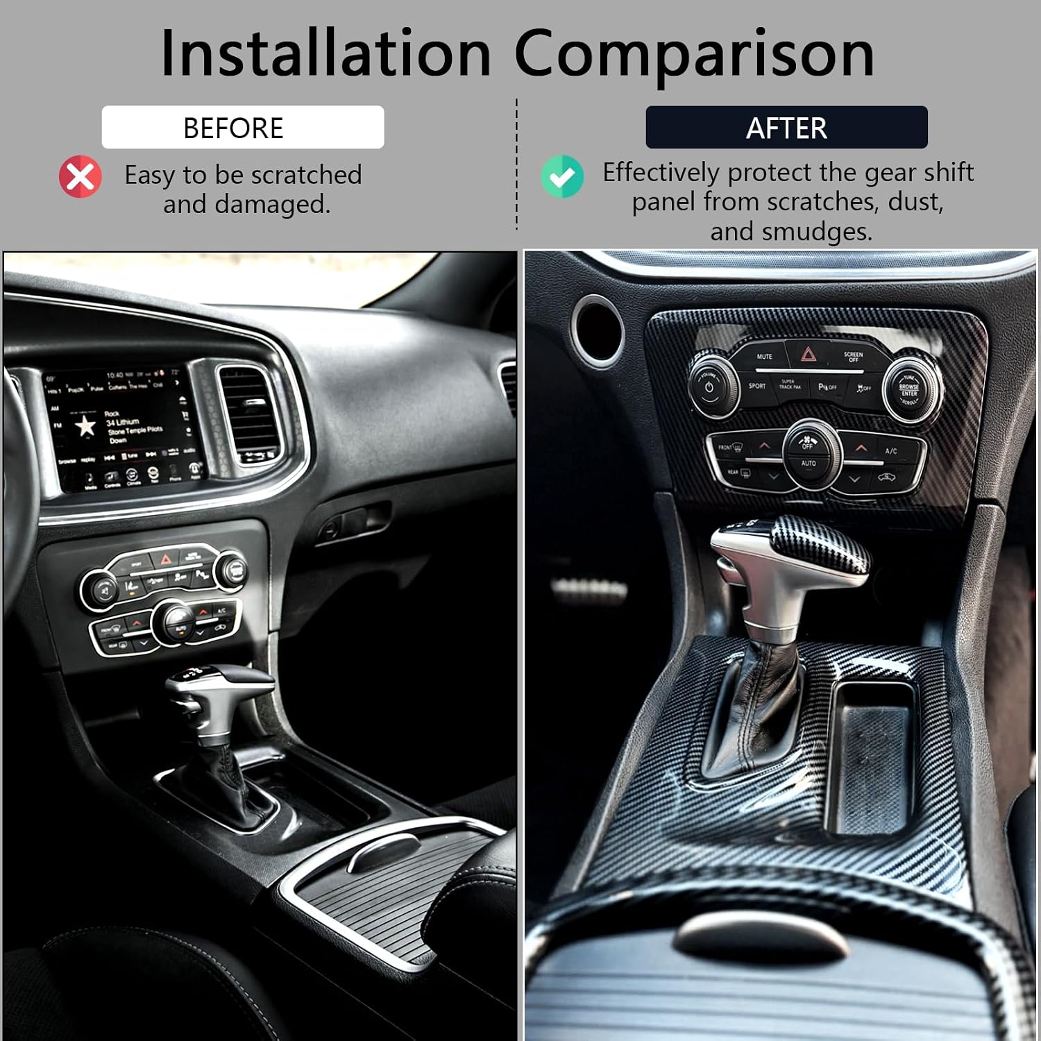 Central Control Gear Shift Panel Cover Trim for Dodge Charger 2015-2022 AC Control Cover Cup Holder Headlight Switch Button Panel Trim Cover Carbon Fiber Printing