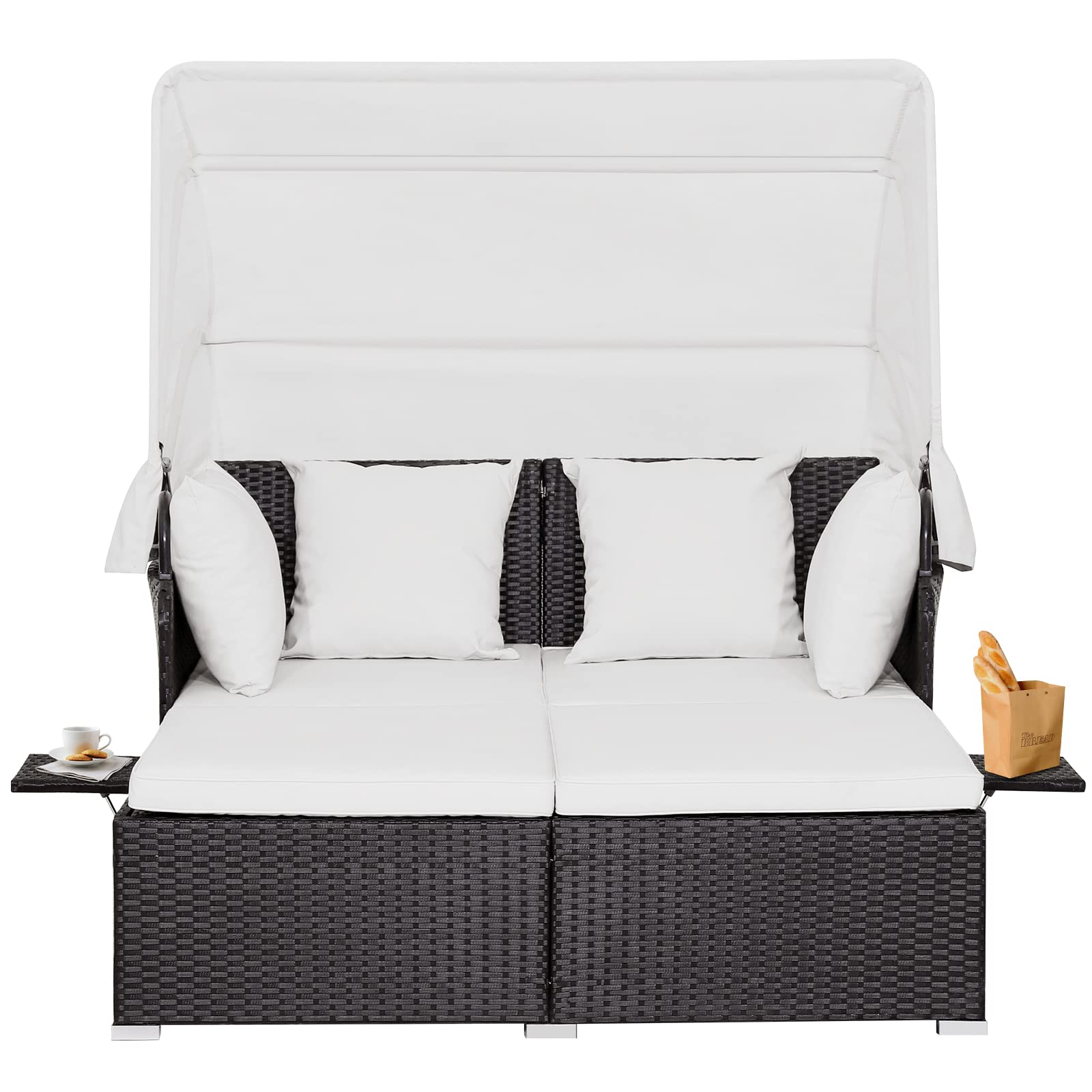 KOMFOTTEU Isola Prendisole in Rattan per 2, Portato fino a 360 kg, Lettino Prendisole con Tettuccio Parasole Pieghevole, Cuscino e Pannelli Laterali, 165 x 153 x 70 cm
