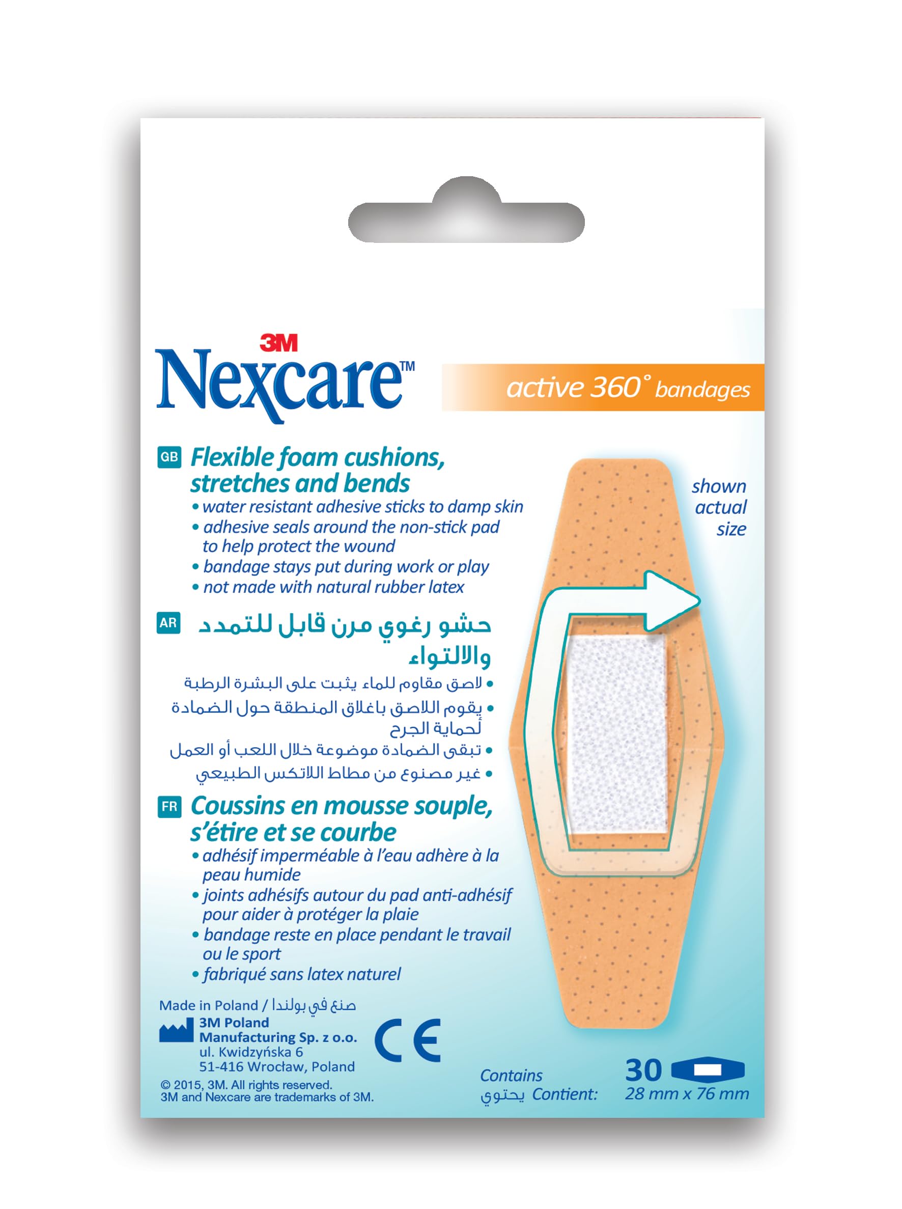 Nexcare Active 360 Bandages by 3M 28 x 76 mm Pack of 30, Ultra-Stretchy Water-Resistant Foam Plasters that Flex with Every Move, Long-Lasting Hold for Sports & Active Days, All One Handy Size