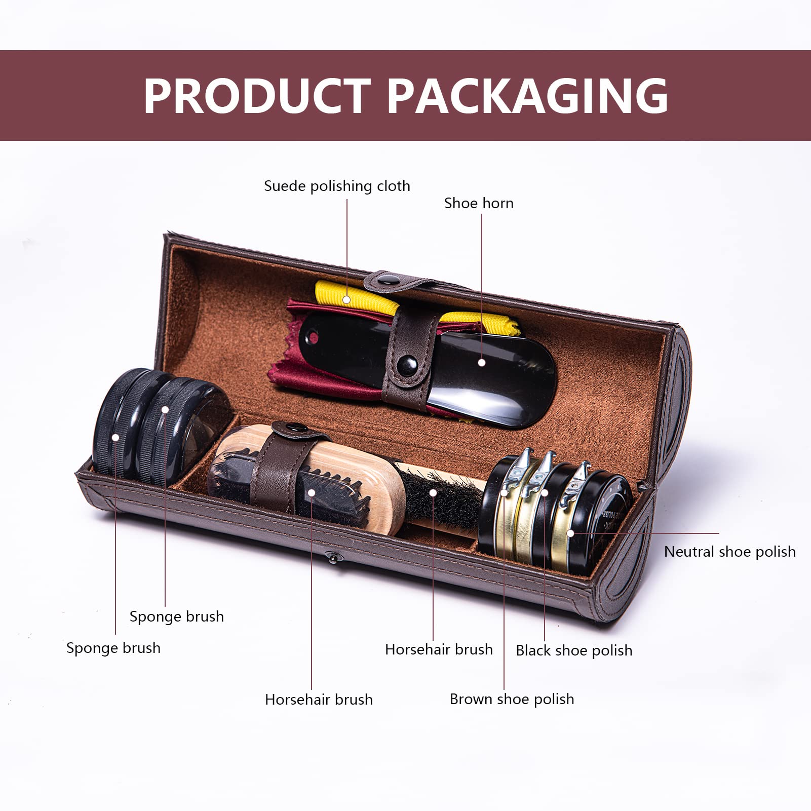 YUET Kit de pulido de zapatos, juego de barriles de cuidado de brillo para cuero marrón y negro con estuche de viaje de lujo, cerdas de crin de caballo, aplicador de madera, calzador, paño de 12
