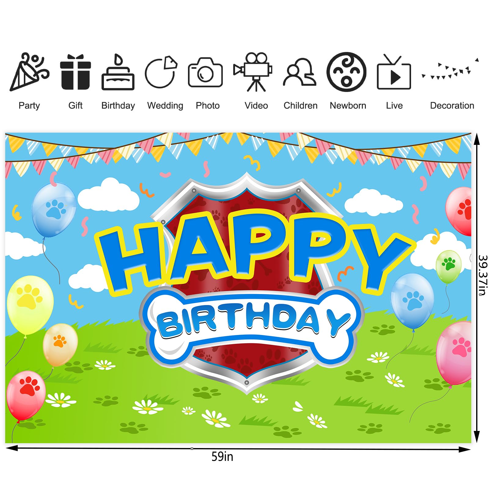 5x3ft Cartoon Dog Paw Theme Backdrop Cartoon Photography Background Kids Boys Girls Birthday Party Decorations Photo Booth Banner Props