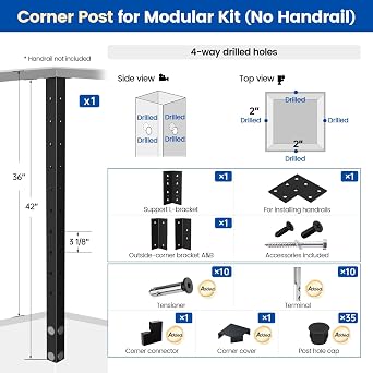 Muzata 36in Modular Cable Railing Corner Post Side Mount 4-Way Drilled RW53