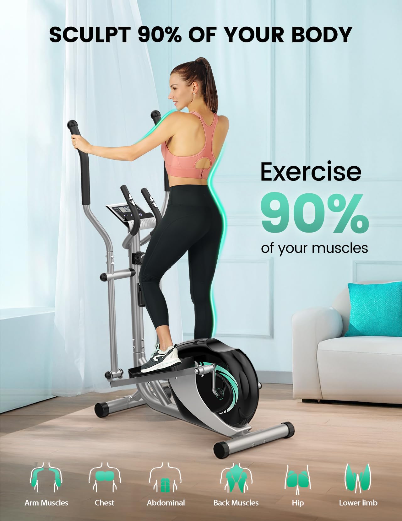 THERUN Velo Elliptique Maison, Vélo Elliptique Compact Ultra Silencieux avec Capteur de Pouls et Écran LCD, 16 Niveaux de Résistance Réglables, Entraînement Cardio pour Toute la Famille
