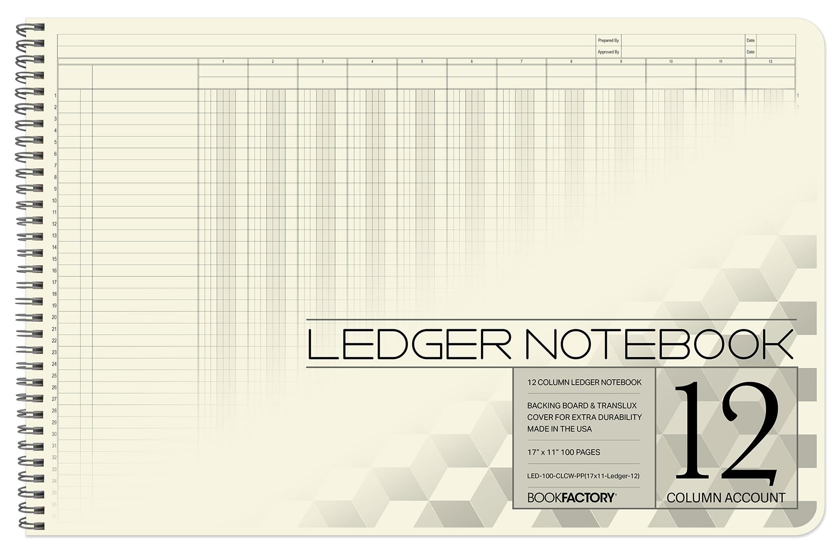 BookFactory Accounting Ledger Notebook/Large 12 Column Accounting Ledger Columnar (Twelve Columns) Log Book - 17'' x 11'', 100 Pages, Wire-O Landscape