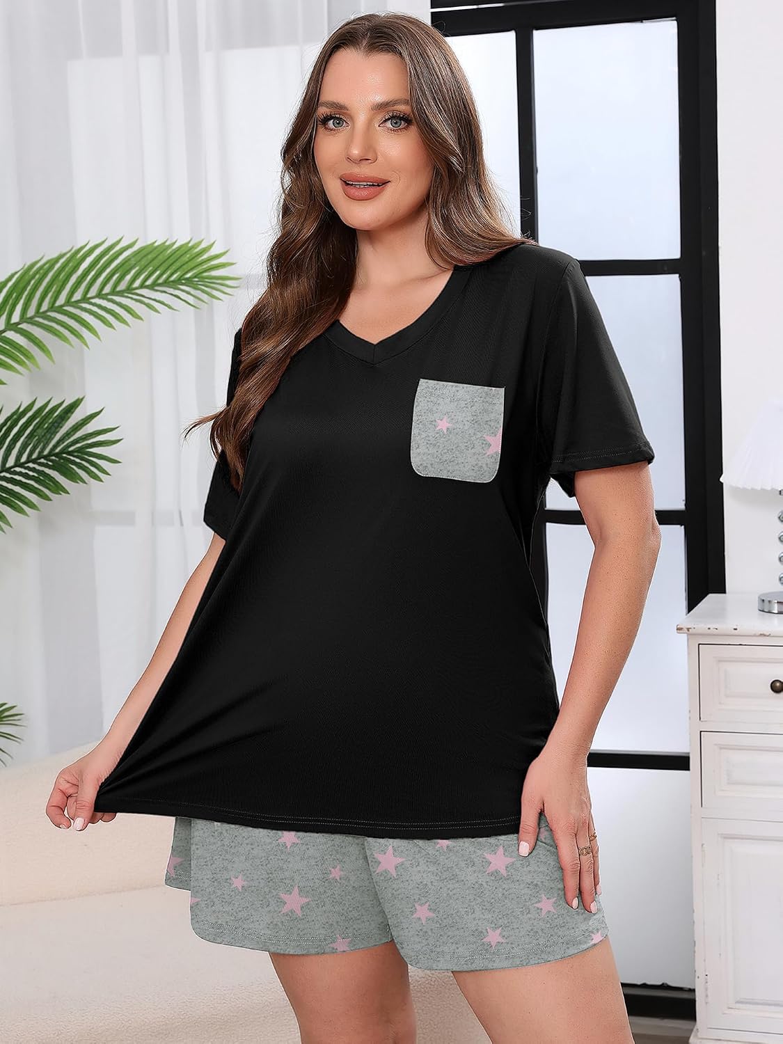 AusLook Plus Size Pajama Set for Women 2 Piece V Neck Short Sleeve Pajama Shorts Set Loose Summer Loungewear Sleepwear 1X-5X image 2