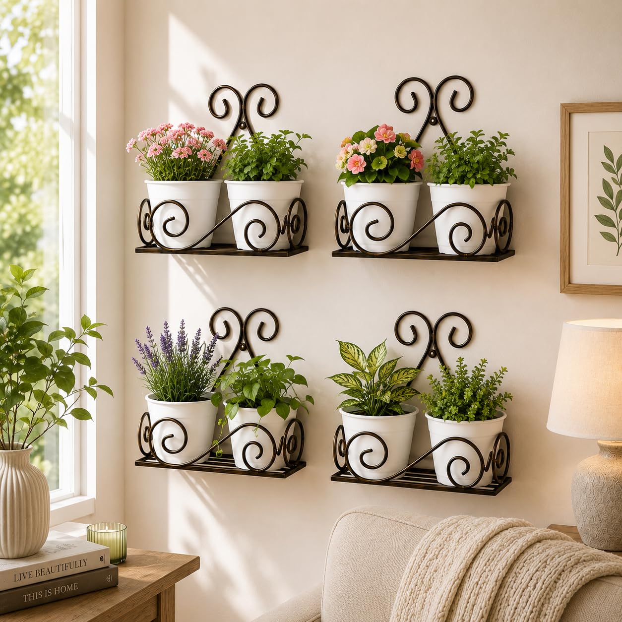 Wall Mounted Plant Holder for Balcony, Metal Wall Hanging Flower Pot Stand for Indoor & Outdoor Plants, Decorative Iron Planter Shelf for Living Room, Garden & Home Decor, Black (S GAMLA Set of 4)-image-34