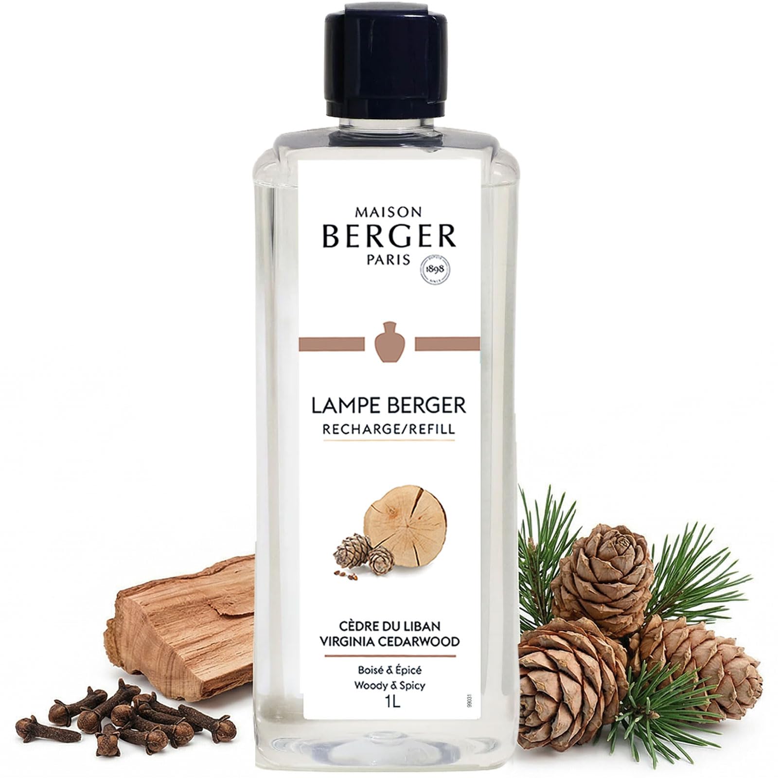 MAISON BERGER Virginia Cedarwood Lamp Berger Fragrance Refill, 1 Liter – 2-in-1 Catalytic System, Neutralizes Odours Then Diffuses Fragrance, Warm Cedar Base with Subtle Resinous Notes