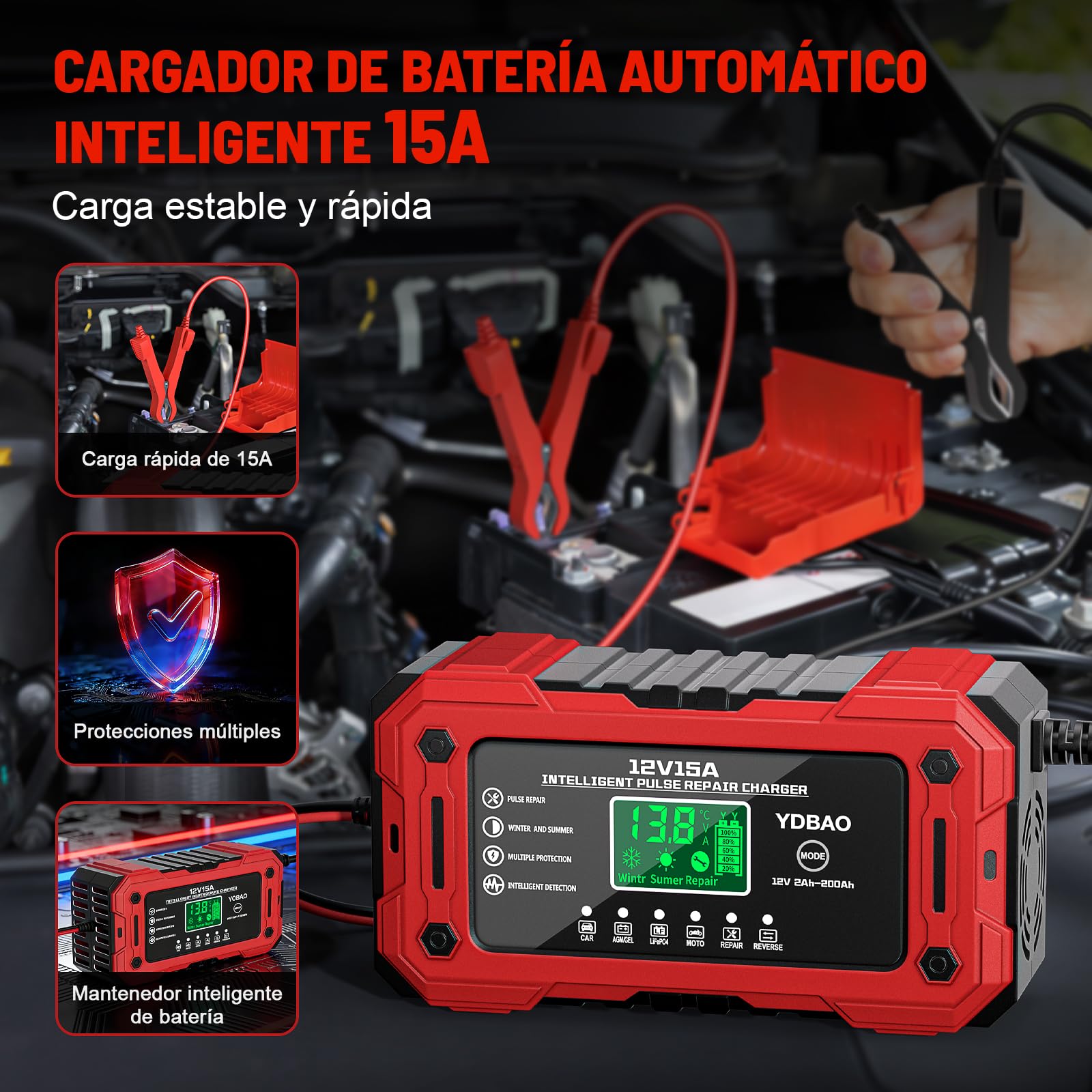 YDBAO 12V 15A Cargador de Batería de Coche Cargador Baterias Coche y Moto Inteligente con Reparación y Pantalla LCD y Múltiples Protecciones Cargador bateria para Coche Moto AGM SLA Gel LiFePO4