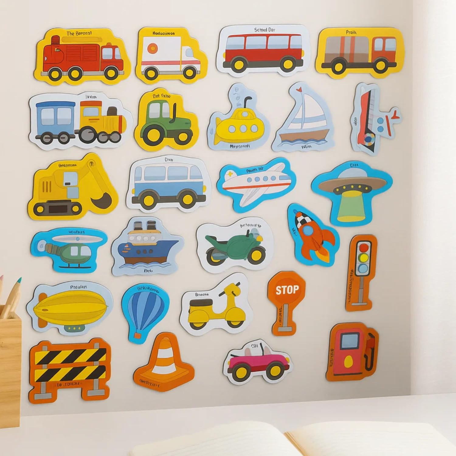 Mini Leaves 26 Pieces Transport Full Magnetic Fridge Magnets for Kids- Car, Bus, Boat, UFO with Traffic Sign Board for whiteboard - Educational Toy for Kids