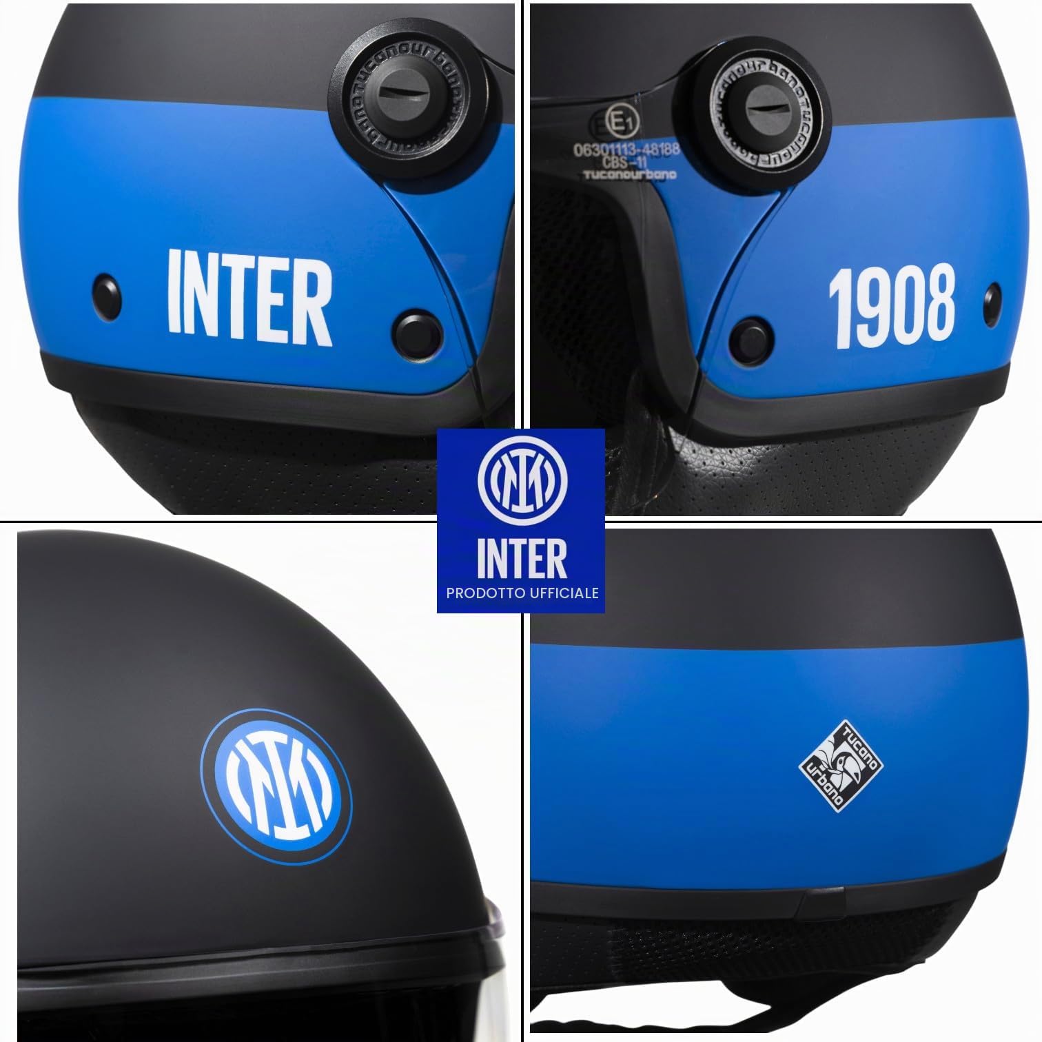 Tucano Urbano casco demi jet unisex EL'JETTIN INTER. Casco moto in policarbonato con grafica originale Inter FC. Casco estate inverno omologato ECE 22.06. Prodotto con Licenza Ufficiale. Nero Tg. S