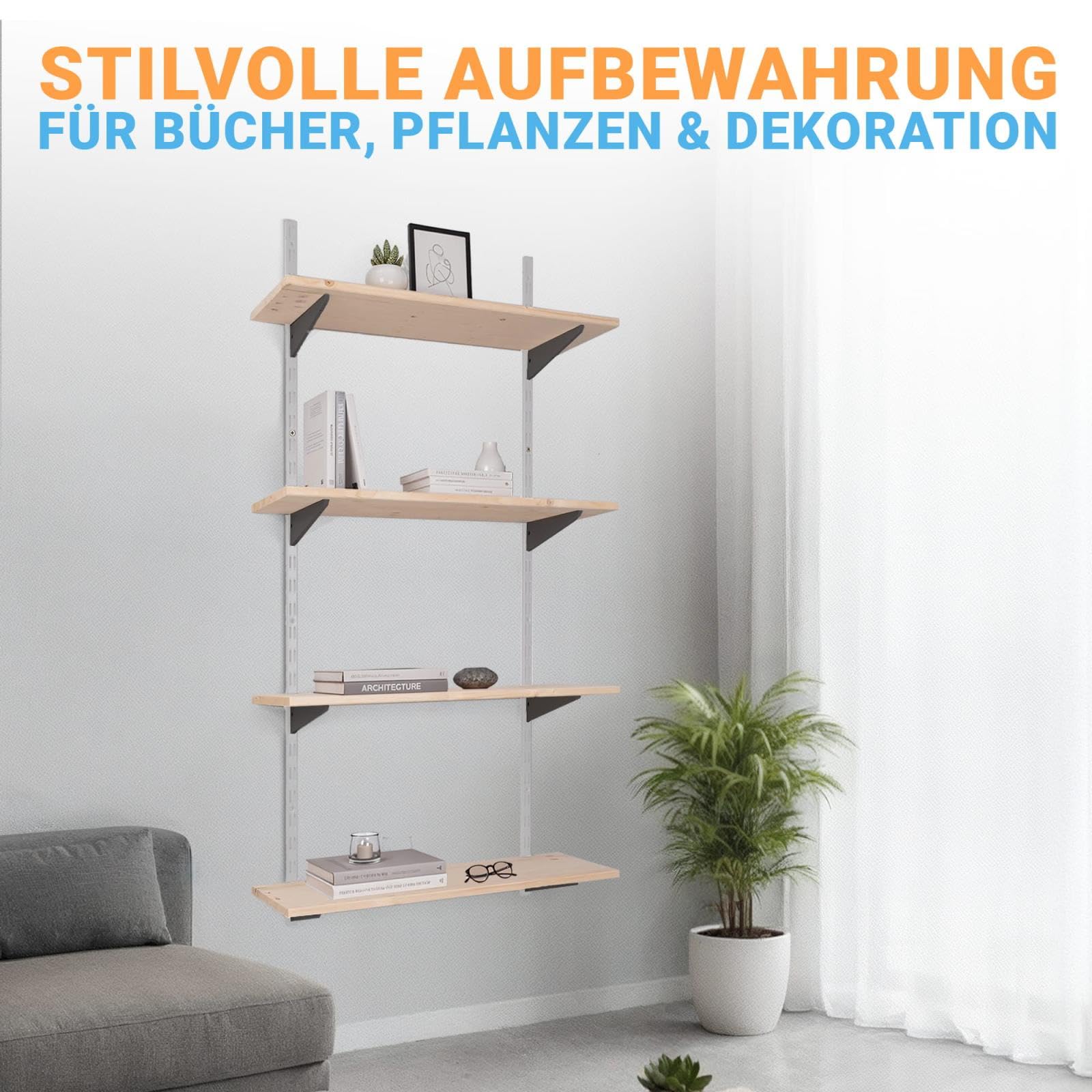 Wandregal Metall mit Boden · Regal in 50 Varianten · Höhe: 100 cm · 4 Ebenen in 80 x 25 cm (B x T) · Farbe: weiß/schwarz · Wandschienen Regalsystem · Regalträger Schienensystem