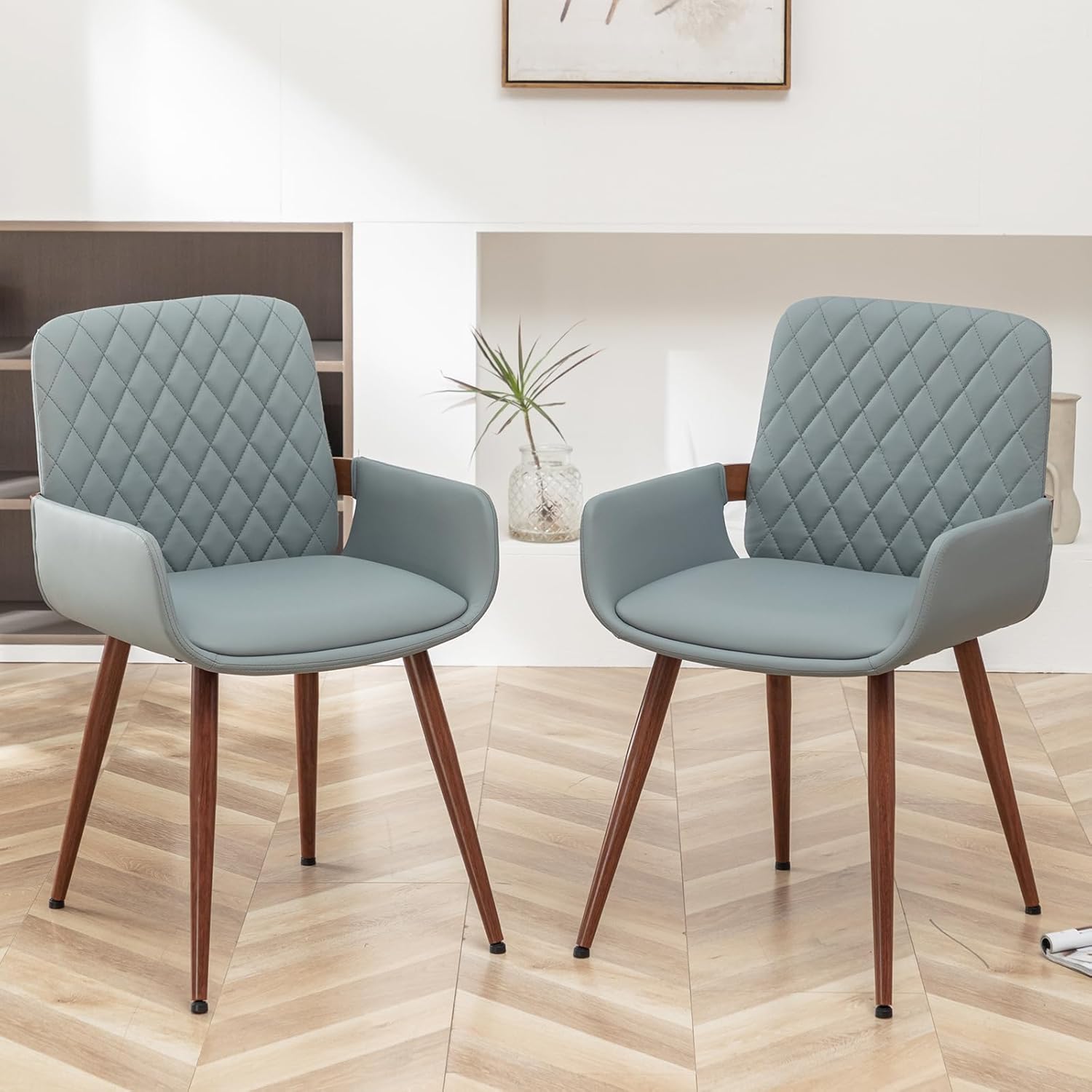 Blue Upholstered Dining Chairs with Metal Legs, Set of 2