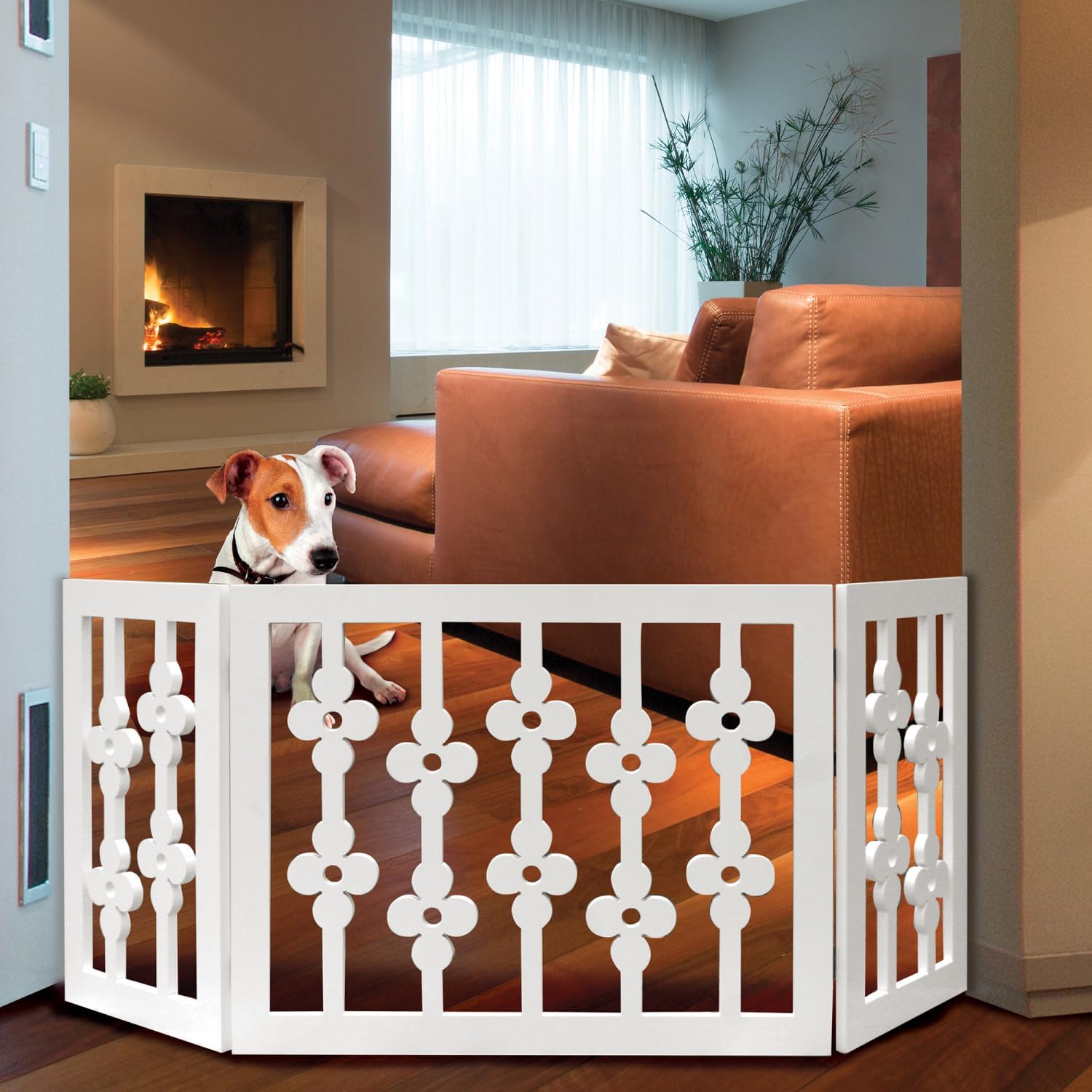 Etna White Floral Wooden Pet Gate - Freestanding Foldable Adjustable 3-Section Dog Gate. Extra Wide, Keeps Pets Safe Indoors/Outdoors - Fully Assembled image 5