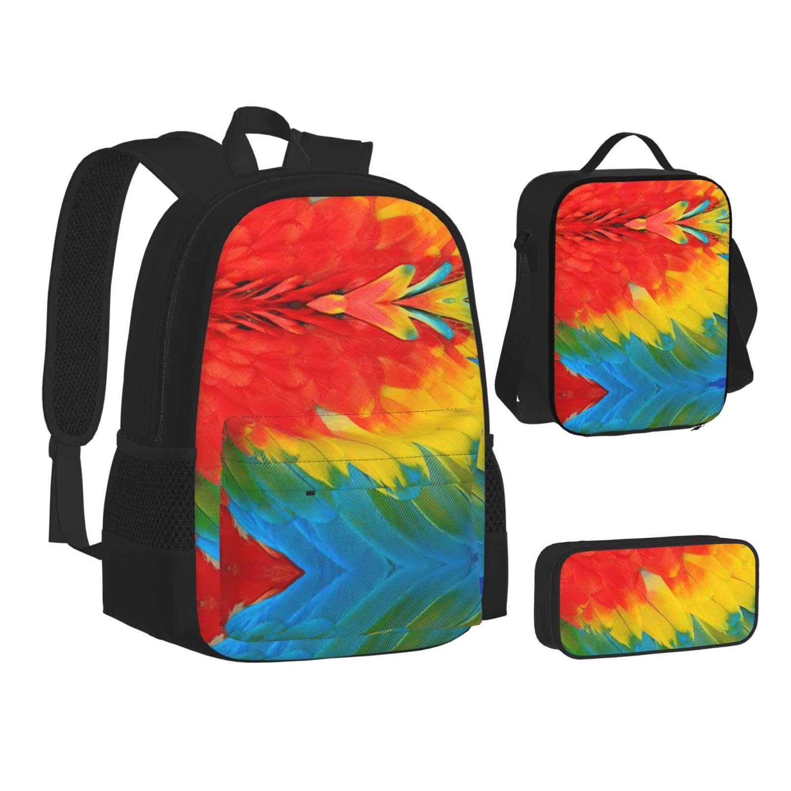 Juego de 3 mochilas escolares con estampado de plumas de loro, gran capacidad, resistente al agua, con bolsa de almuerzo aislada y estuche para lápices, para adolescentes de secundaria