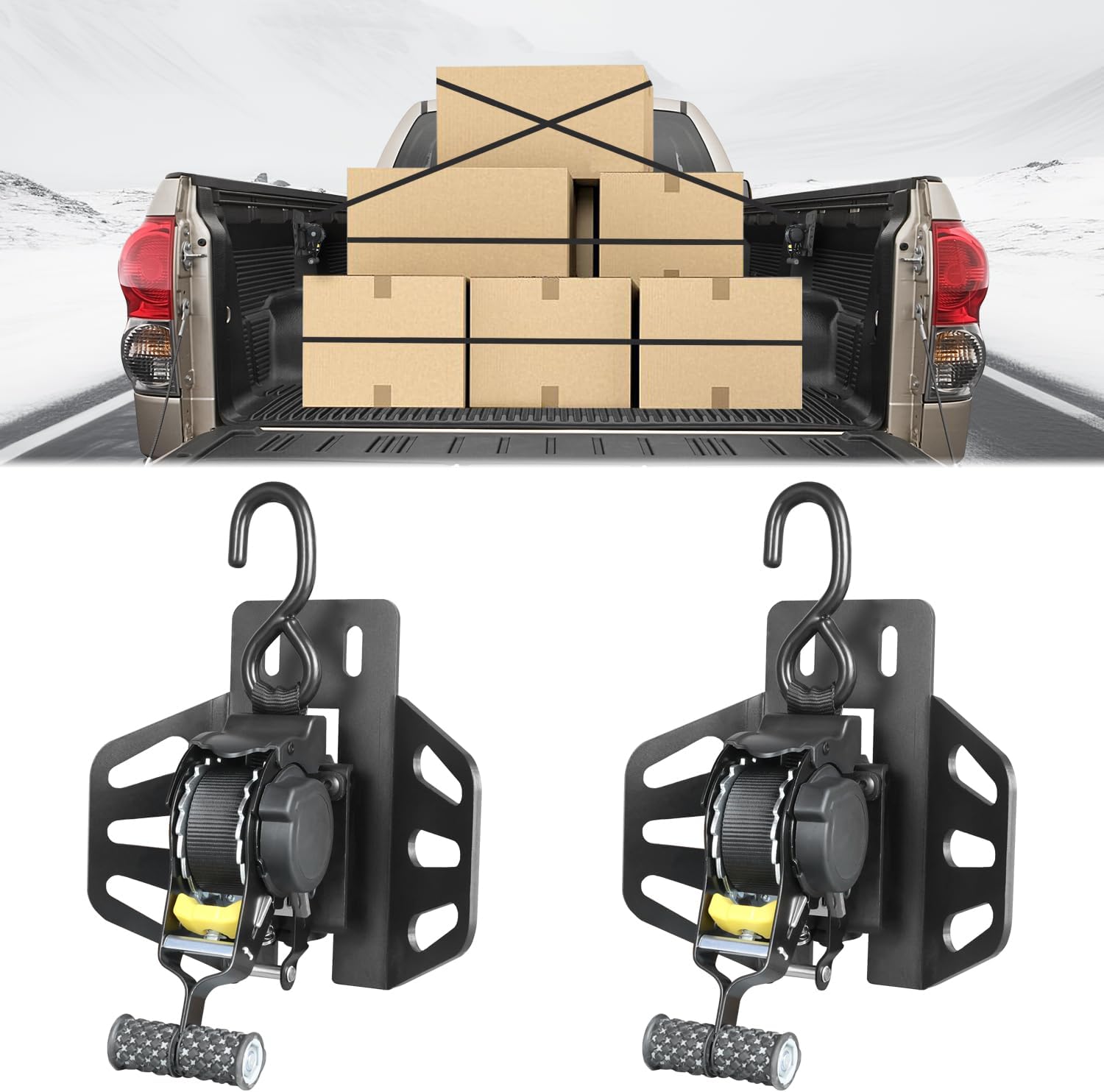 Retractable Ratchet Straps Compatible with for 2007-2013 Toyota Tundra Accessories Truck Cargo Bed Anchors Mounted Tie Down Ratcheting Strap with Safety Lock System Mounting Bracket