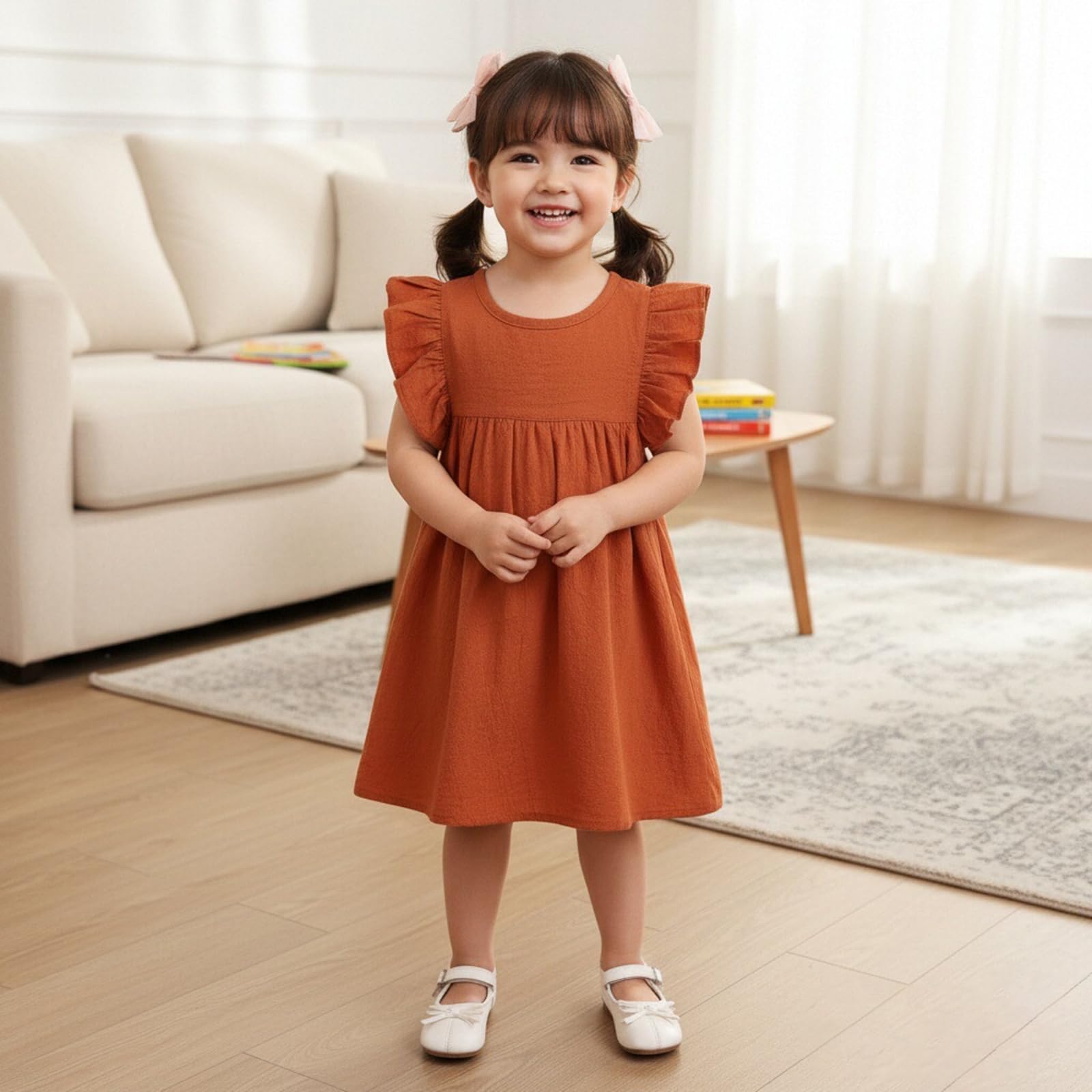 Princesse Robe D'été pour Bébé Filles Manches à Volants Robes Uni en Coton Casual Vêtement