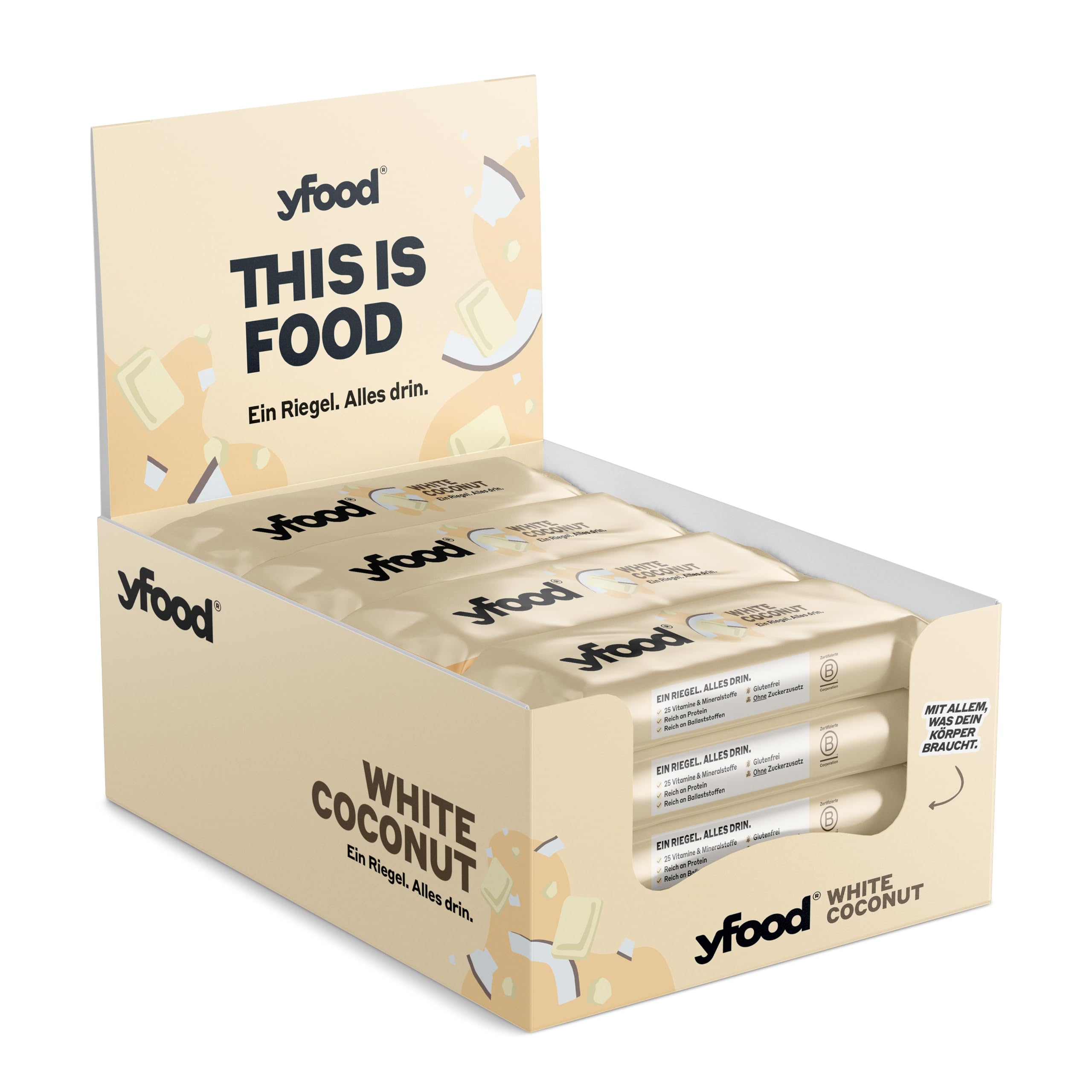 yfood Riegel White Coconut, Leckerer Proteinriegel für unterwegs, THIS IS FOOD, 14g Protein, 25 Vitamine und Mineralstoffe, 12 x 60g, Geschmack Kokosnuss und Weiße Schokolade