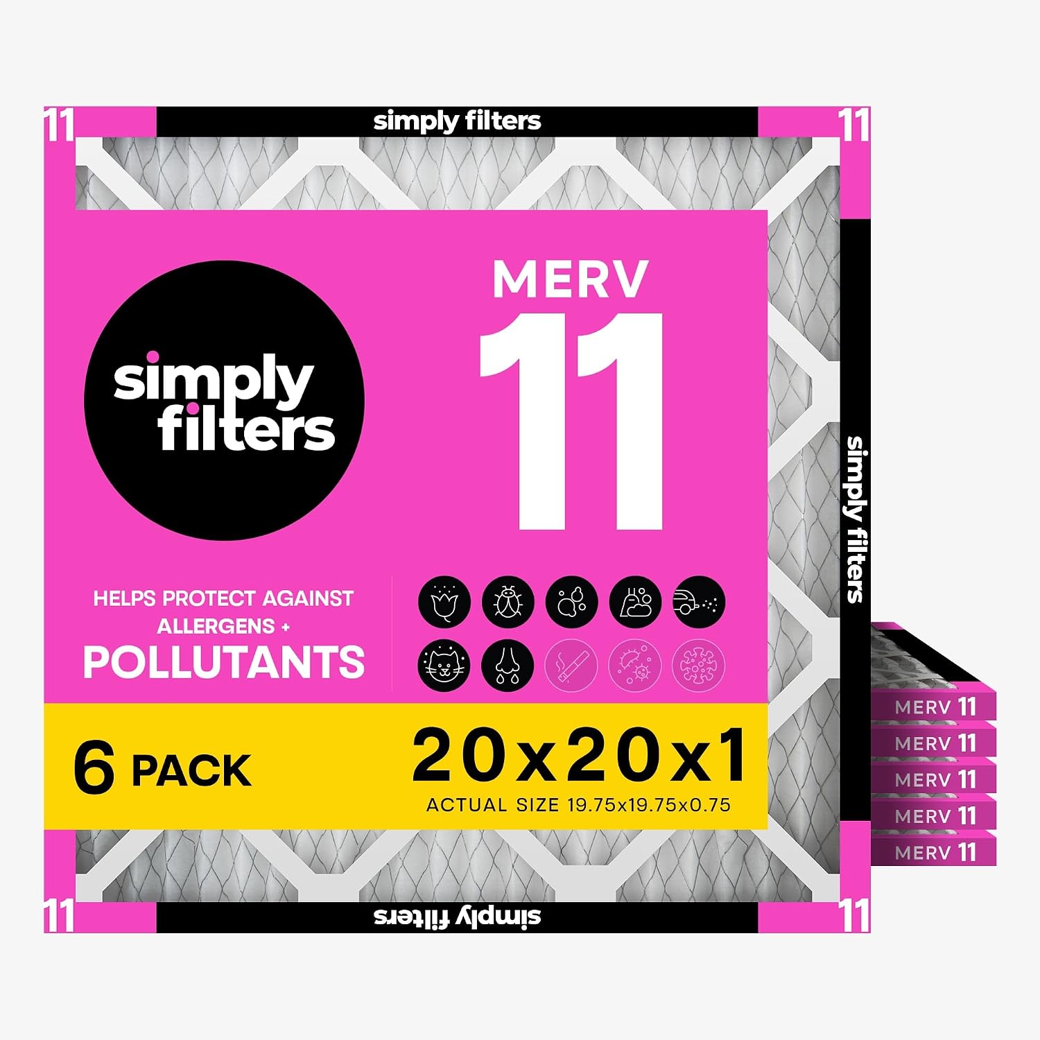 Simply 20x20x1 Air Filter, Merv 11, MPR 1000, 6 Pack, Furnace Air Filter for HVAC (Actual Size: 19.75"x19.75"x0.75") DUST, Pet, & Allergy Control