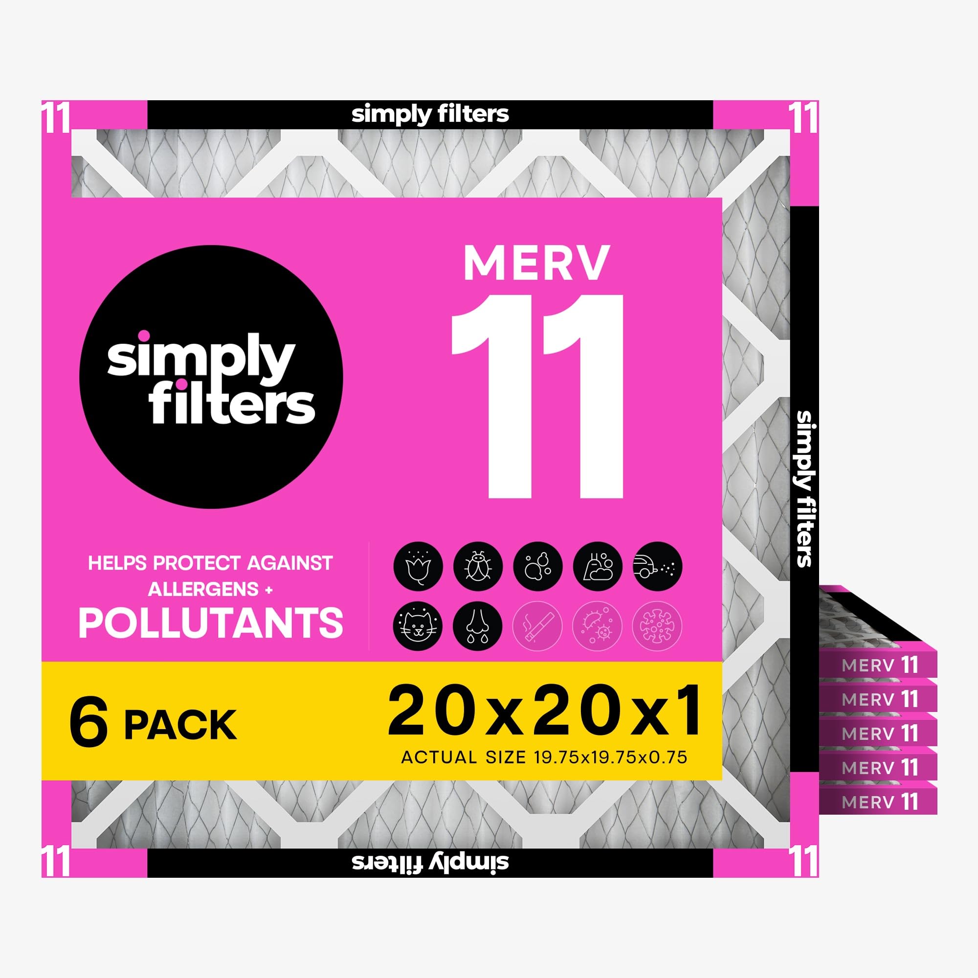 Simply 20x20x1 Air Filter, Merv 11, MPR 1000, 6 Pack, Furnace Air Filter for HVAC (Actual Size: 19.75"x19.75"x0.75") DUST, Pet, & Allergy Control