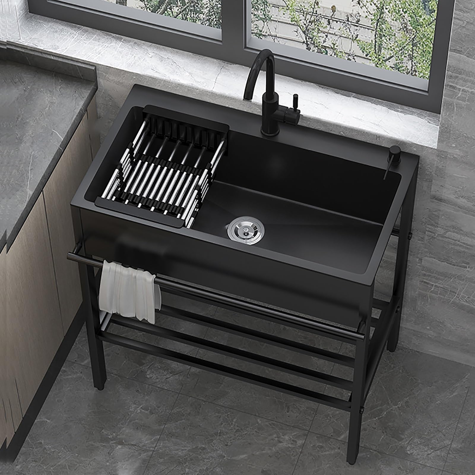 FCXWEVR Freestanding Outdoor Commercial Stainless Steel Sink Set with Faucet & Drainboard for Restaurant Kitchen Garage & Utility Use 65x45cm