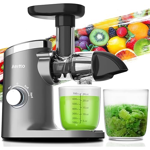 Aeitto Classic Horizontal Cold Press Juicer Easy to Clean, Masticating Juicer with Quiet Motor, High Juice Yield, Juicer Machines with Soft & Hard Modes for Fruits & Vegetables, Grey