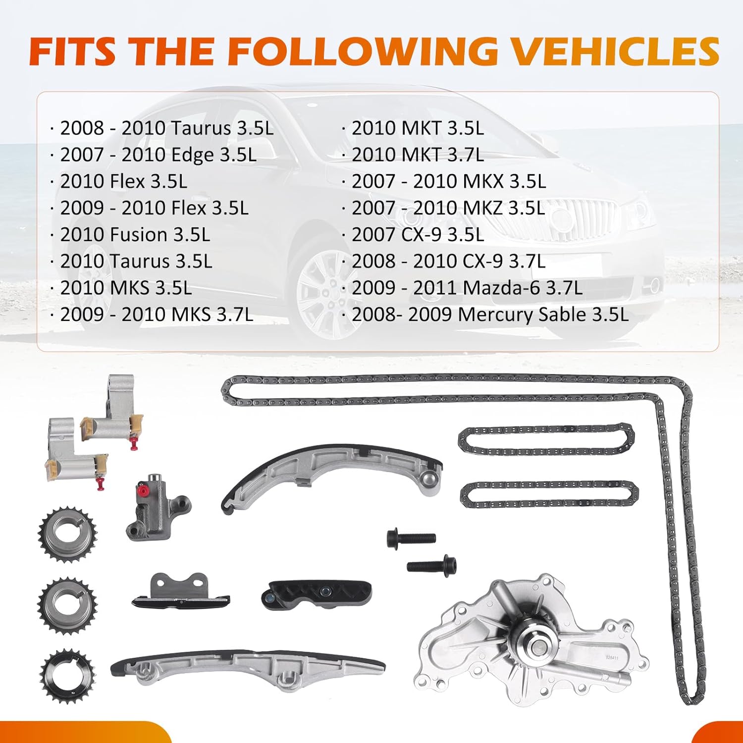 Engine Timing Chain Kit + Water Pump Fits for 2007-2011 Ford Flex Taurus Edge 3.5L for 2007-2011 MKX MKS MKT MKZ 3.5L for 2008-2011 CX-9 6 3.7L Replace OE AT4Z-6306-A 7T4Z-6256-A 7T4Z-6268-CA