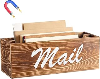 Wood Magnetic Mail Organizer Farmhouse Mail Holder for Fridge Rustic Paper Basket Letter Envelope File Storage Box with 2 Slot for Home Office Metal Cabinet Wall Desk Countertop(Wood Color)