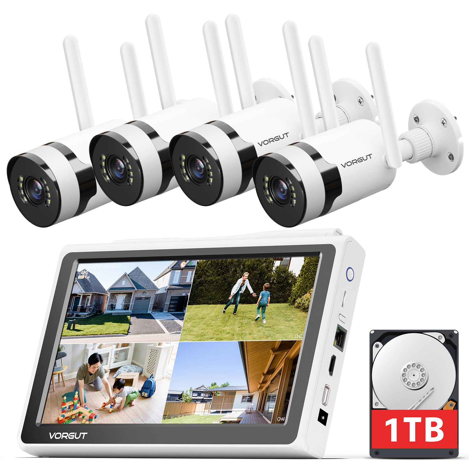 VORGUT 防犯カメラ モニター付き 4K ワイヤレス防犯カメラ 4台セット 2.4G＆5GhzWiFi対応 無線 屋外 遠隔操作対応 IP66防水等級 AI動体検知 最大10台接続可 (監視カメラ4台＋10インチモニター＋1TBHDD内蔵)