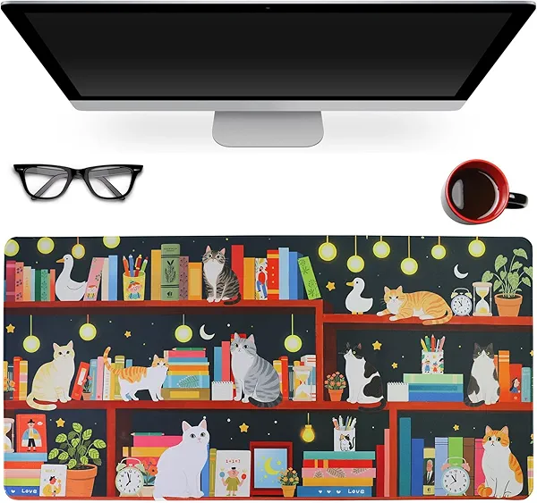PERFECTSIGHT Cute Cat Desk Pad Kawaii Kitty Desk Mat, Large Gaming Mouse Pad, Funny Deskmat Mousepad, Anime Laptop Keyboard Pad Office Home Decor for Women Girls, Black