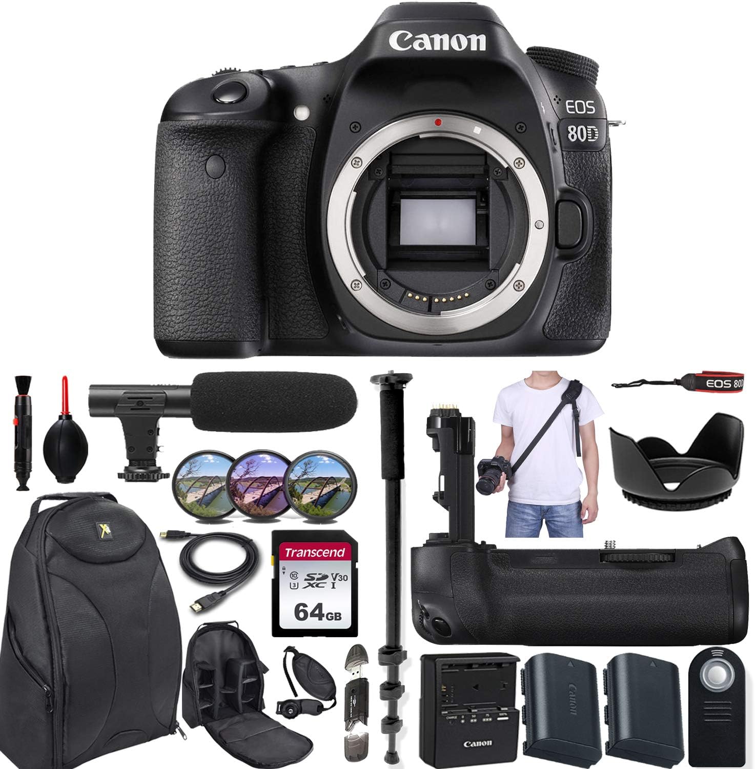 Canon EOS 80D DSLR Camera (Body Only) + Battery Grip & Accessory Bundle