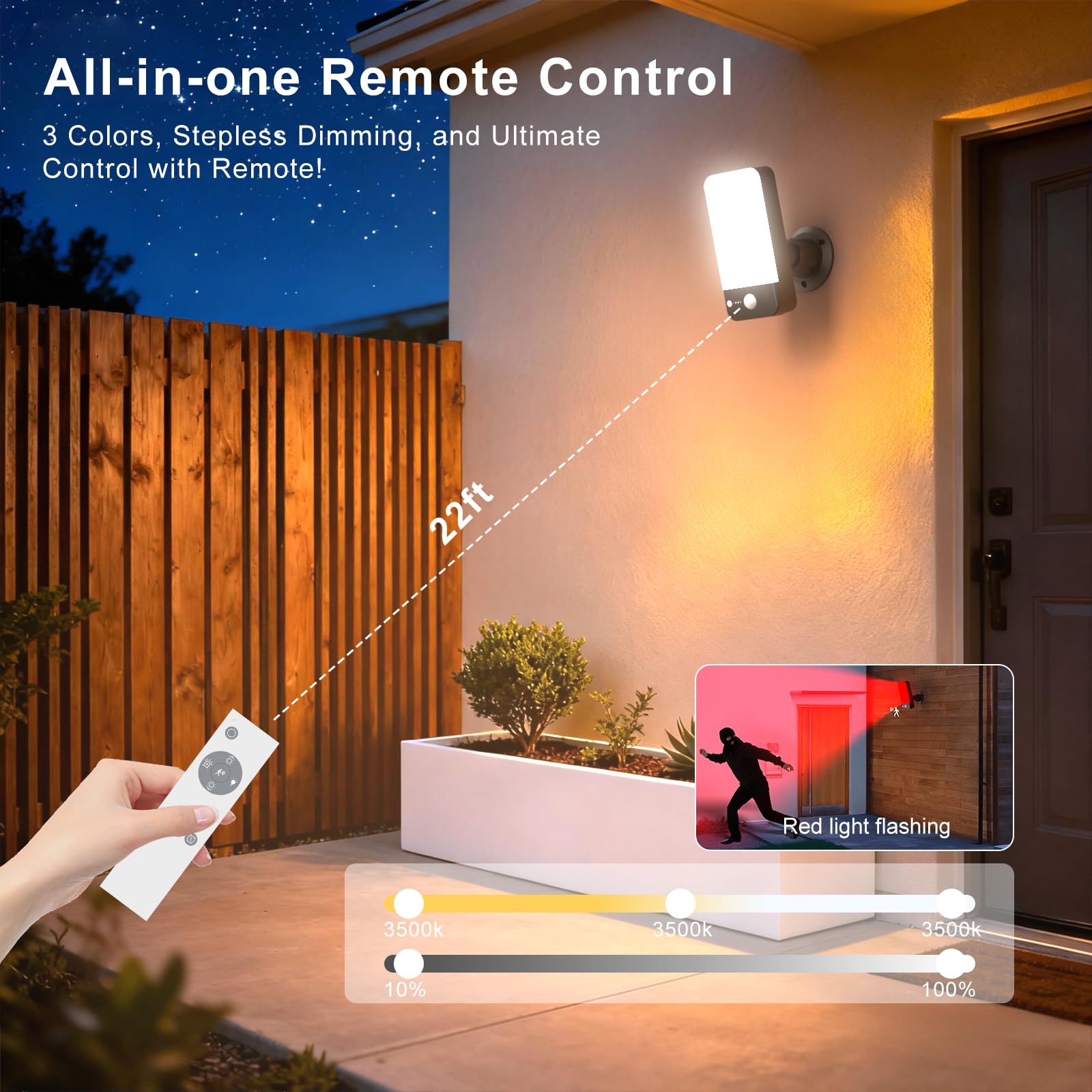 Aplique Exterior Sensor Movimiento, 12000mAh Inalámbrico, 2 Unidad | 422lm Regulable, 3000K-6000K, Mando a Distancia, Luz Roja de Alerta, Rotación 360°, Para Garaje y Jardín