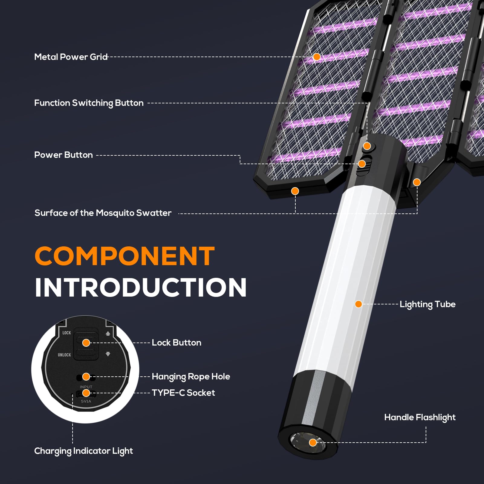 Lampe Anti Moustique, Raquette Anti-Insectes 2 en 1, Tueur D'insectes Portable avec lumière UV, Batterie Rechargeable de 4000 mAh, Électrique Anti Insectes, Design de Voyage Compact