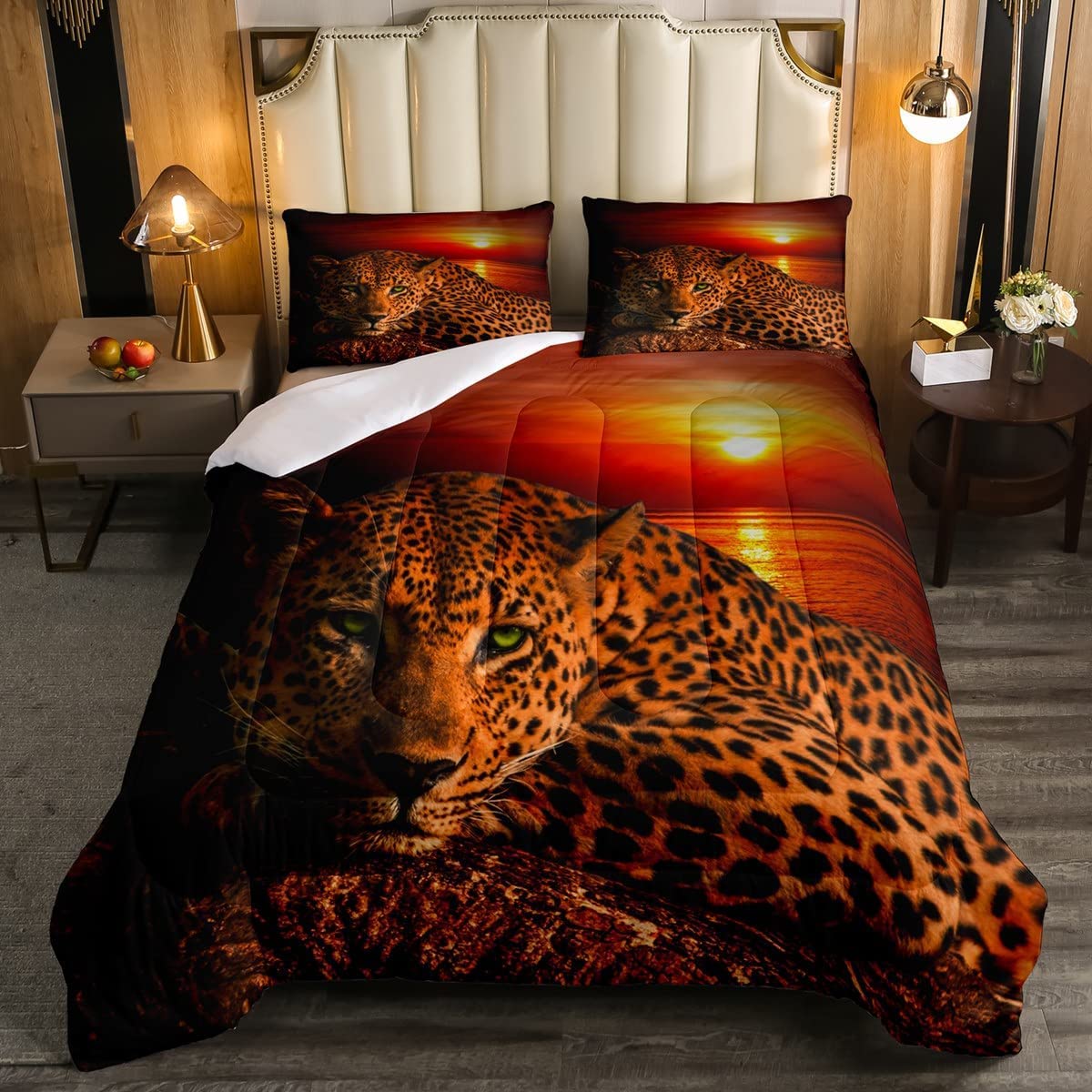 Moon Cheetah Down Comforter Leopard Print Comforter Set for Teens Boys,Animal Hide Wild Animal Skin Spot Bedding Set Novelty Wildlife Big Cat Duvet Insert Ocean Sunset Bedroom Decor Queen