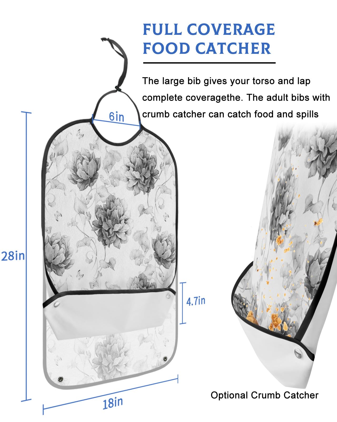 Spring Floral Adult Bibs for Eating, Waterproof Bibs with Food Catcher & Adjustable Snap Closure, Watercolor Black Summer Flower Farmhouse Washable Clothing Protectors Adult Bibs for Elderly Women/Men