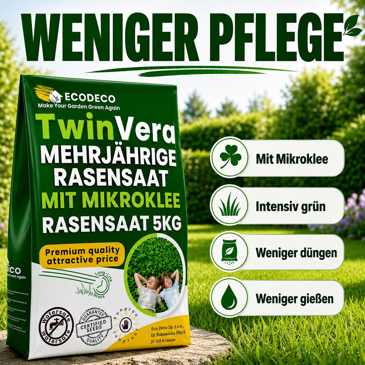 Semillas Cesped Resistente con Trebol Enano 25kg para 1000m² - Mezcla de Crecimiento Rapido y Cesped Natural - Ideal para Jardin Sombra y Sol