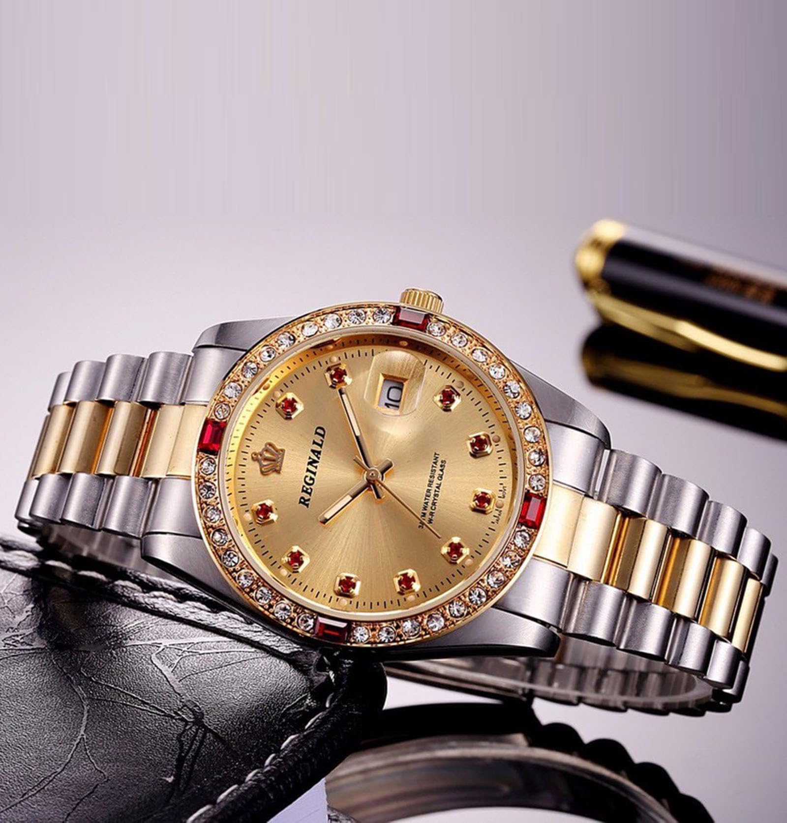 Relojes unisex de lujo con diamantes de oro reloj de cuarzo calendario luminoso bisel reloj de lujo