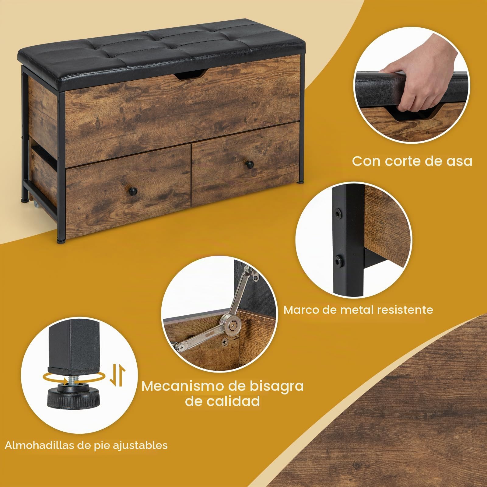 GOPLUS - Banco de almacenamiento de madera con asiento acolchado, carga de 150 kg, caja de almacenamiento estilo industrial con 2 cajones, bisagra de seguridad