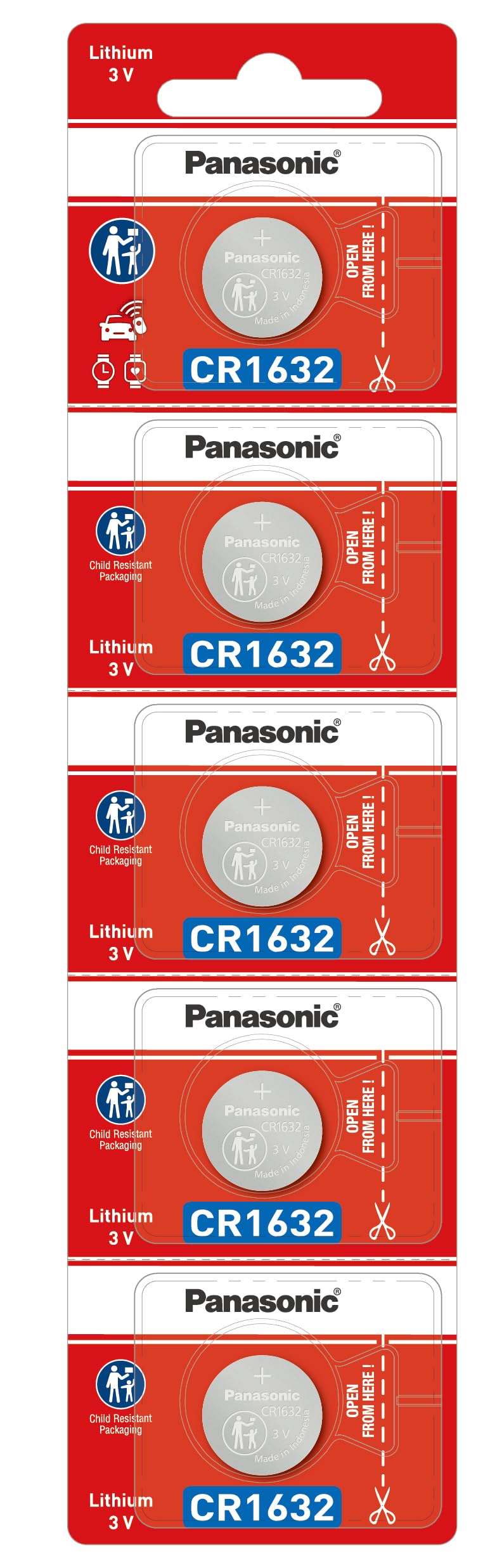 Panasonic Lithium 3V Coin Battery CR1632, Pack of 5