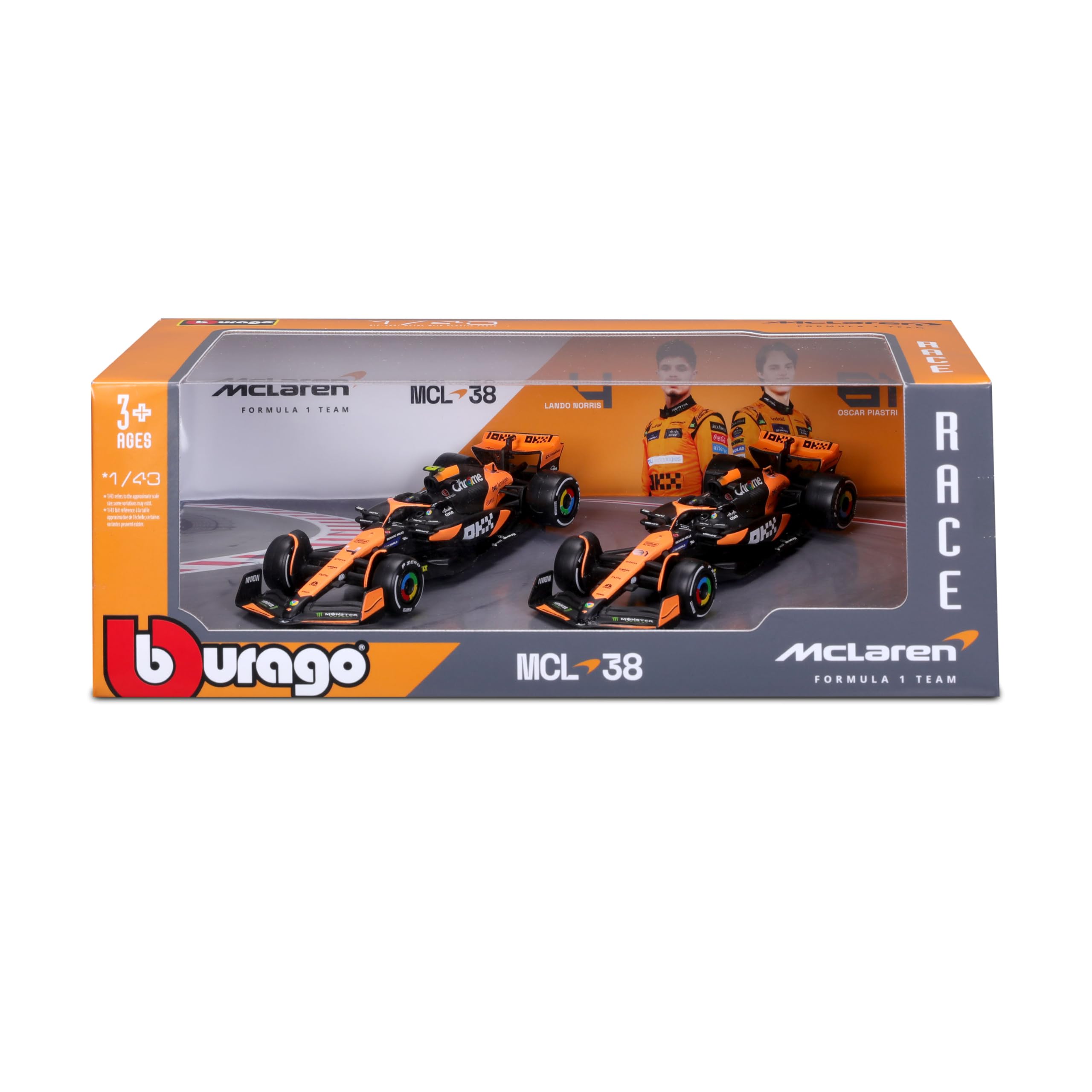 Bburago Formula 1 McLaren MCL38 - Set da 2 pezzi (2024): modellino auto in scala 1:43, Window Box, 25,4 cm, nero/arancione (18-38202)