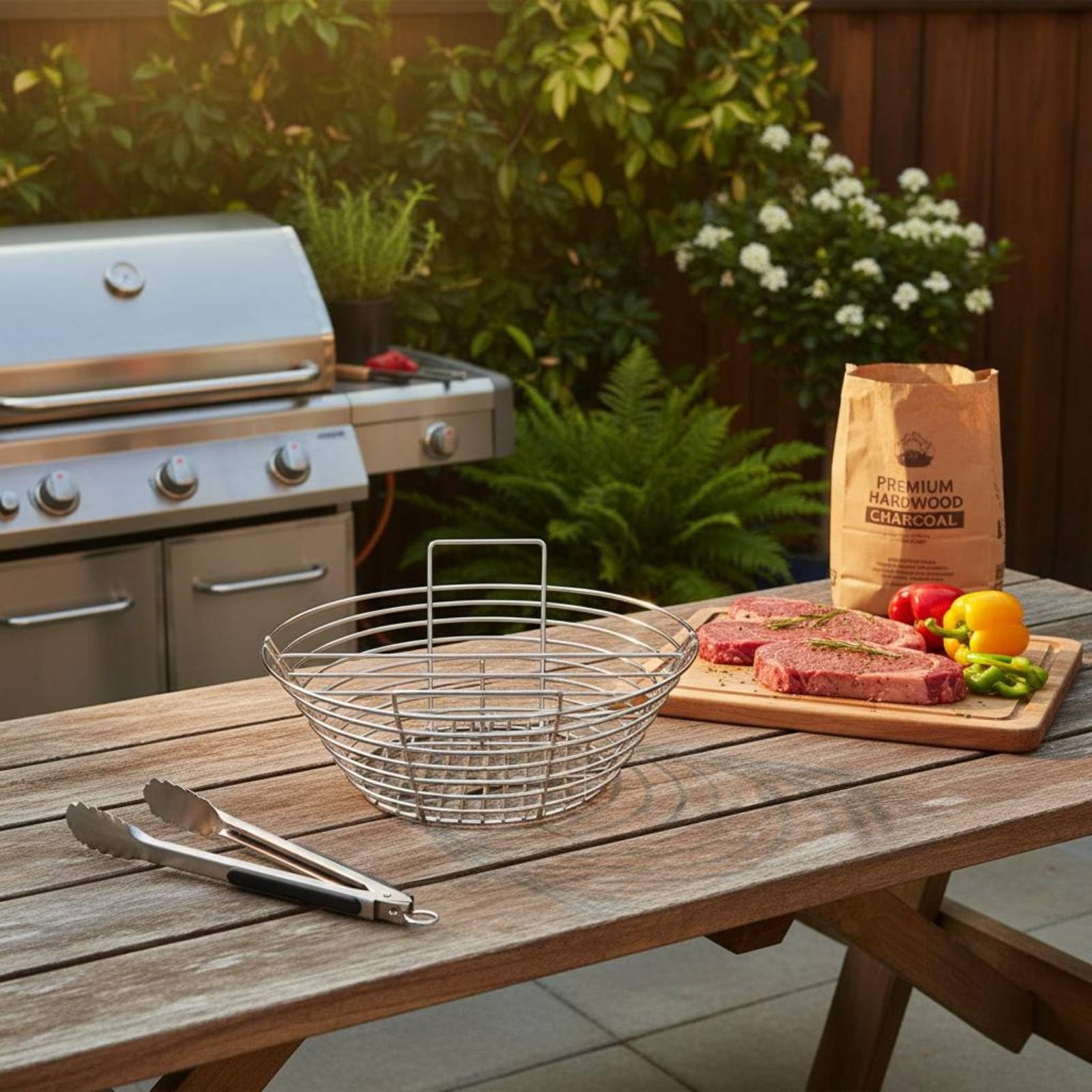 Carbone Barbecue Cestino Bricchette Contenitore Carbone Supporto Griglia in Acciaio Inox con Divisorio per Ventilazione Uniforme E Gestione Calore, Per Forni Da 19 Pollici